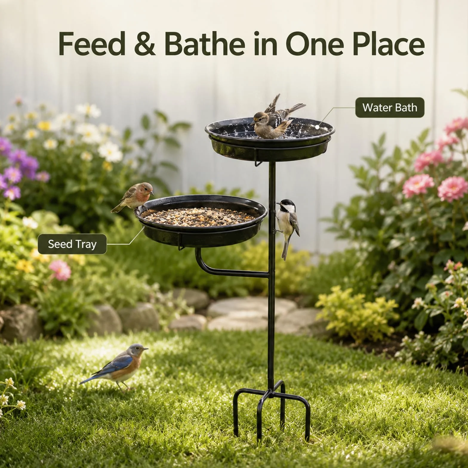 Bebedero Pájaros de Exterior Vintage Independiente, Comedero Pájaros con Base de 4 Estacas Metálicas, para Jardín, Terraza, Patio y Césped (Negro)