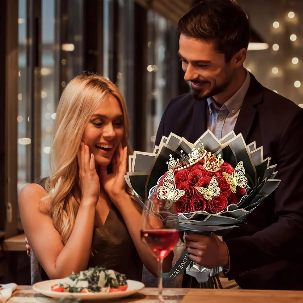 Ramo de rosas con purpurina 24 unidades corona regalos boda aniversario compromiso cumpleaños Navidad San Valentín Rojo