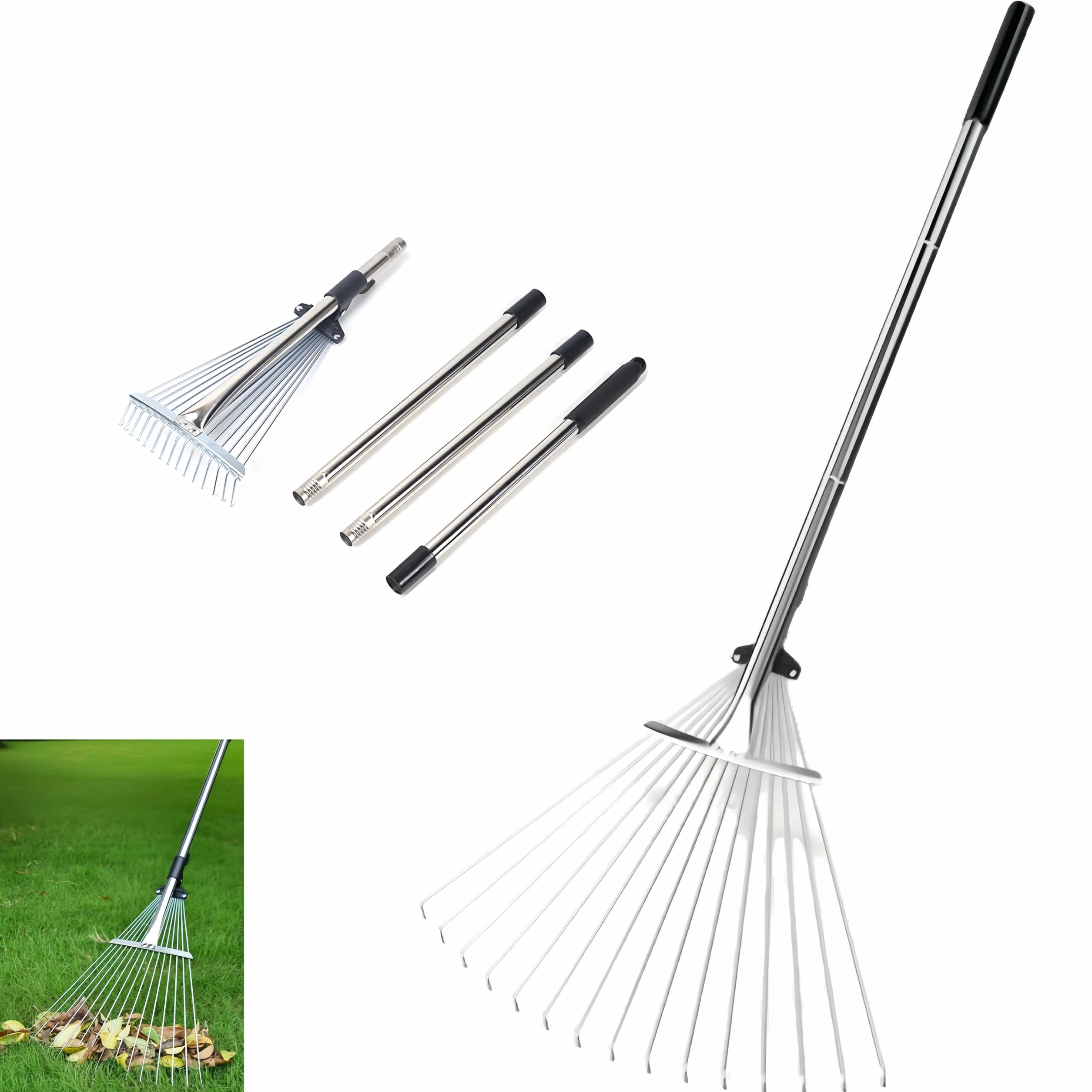 Rastrillo de jardín ajustable de metal para hojas, mango largo 85-175 cm, cabeza expandible 17-37 cm