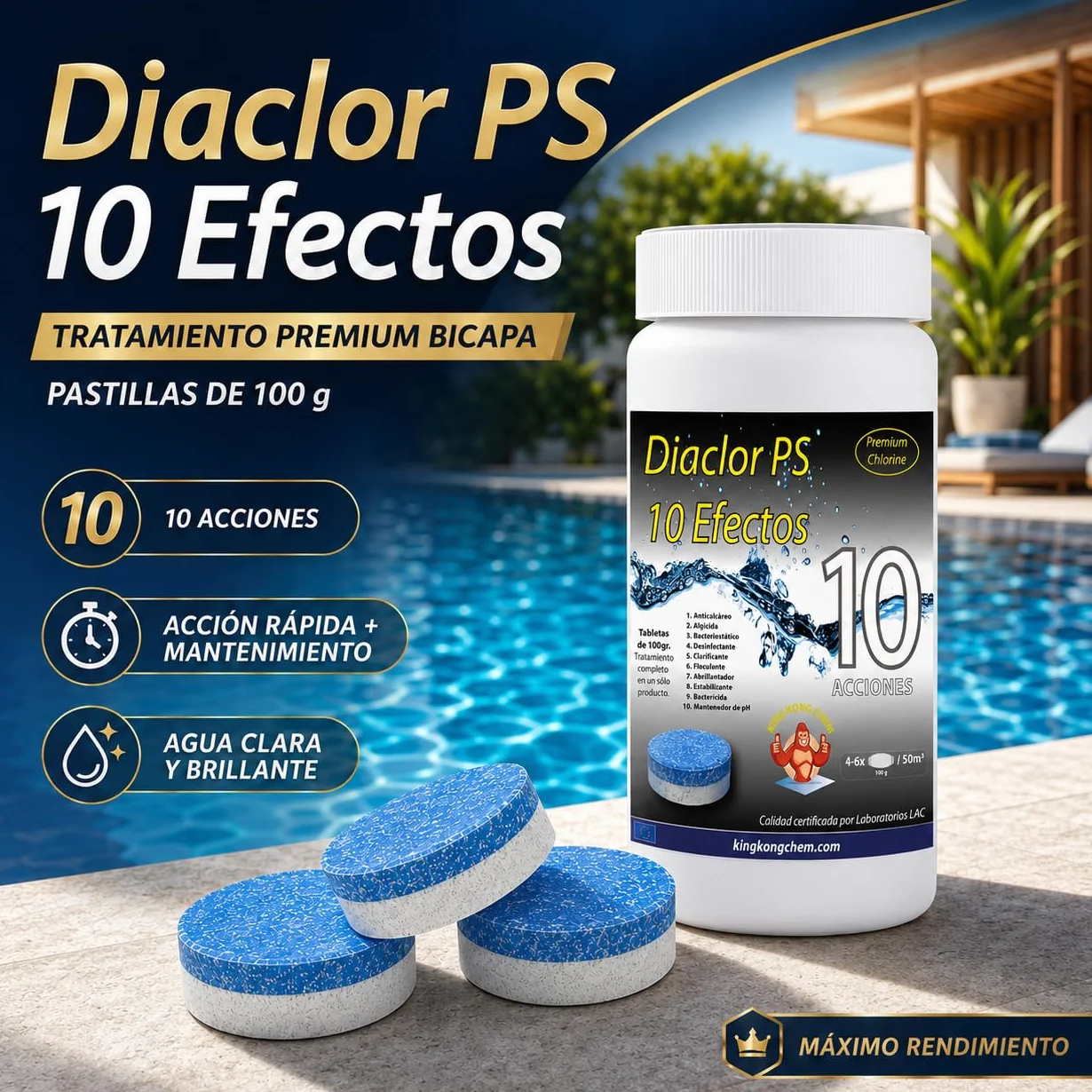 Cloro Total para Piscinas DIACLOR PS 10 1 KG Pastillas de Cloro Multiacción 100 gr