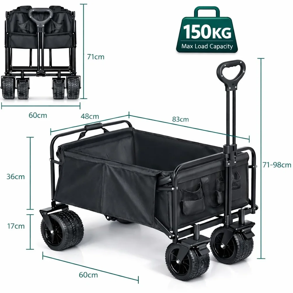 Carro de Mano Plegable con Ruedas Grandes Todoterreno 150kg Asa Ajustable Multiusos