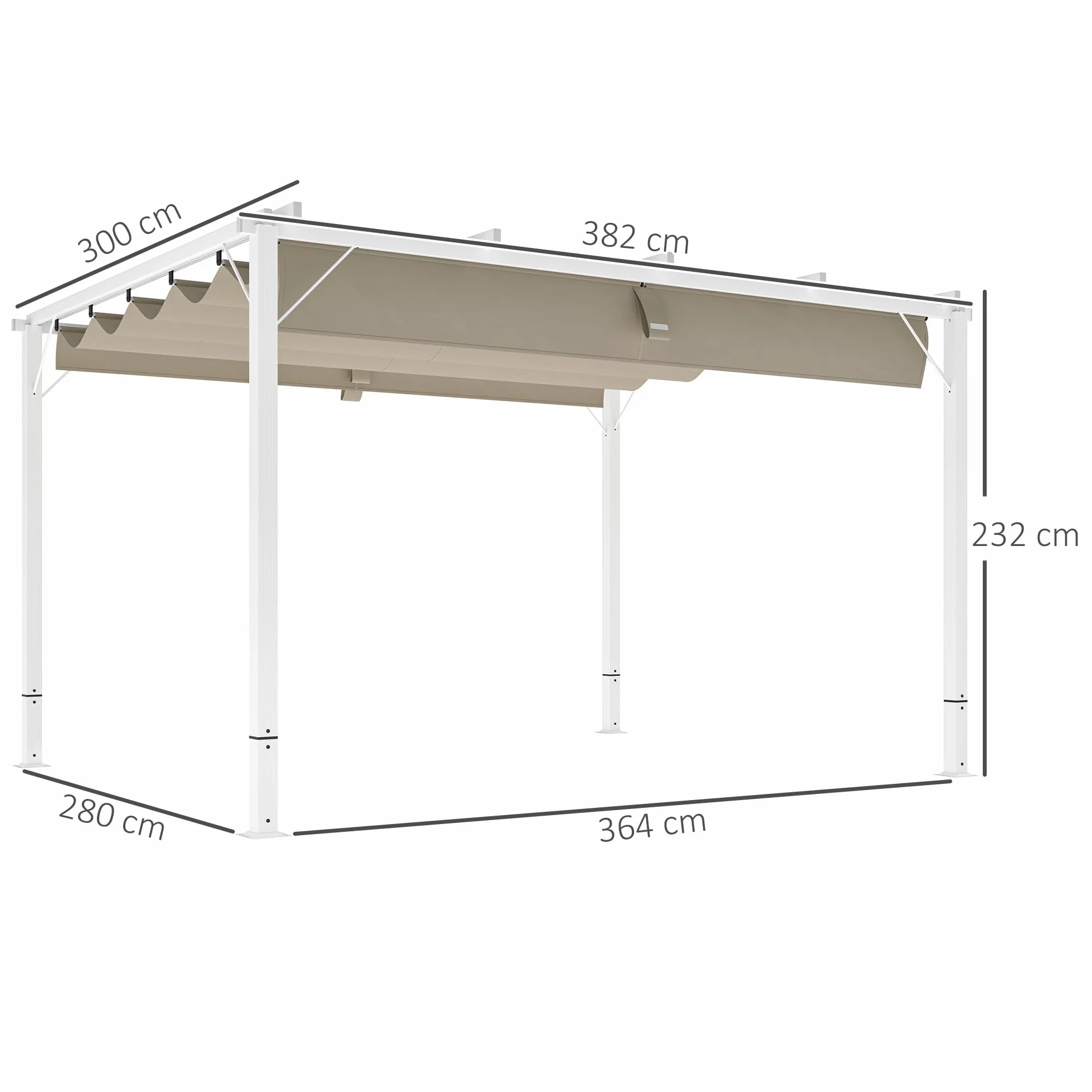 Outsunny Pérgola Exterior Aluminio Retráctil 3x4 m, Cenador Techo Poliéster 180g/m², Protección Solar UPF30+, Blanco