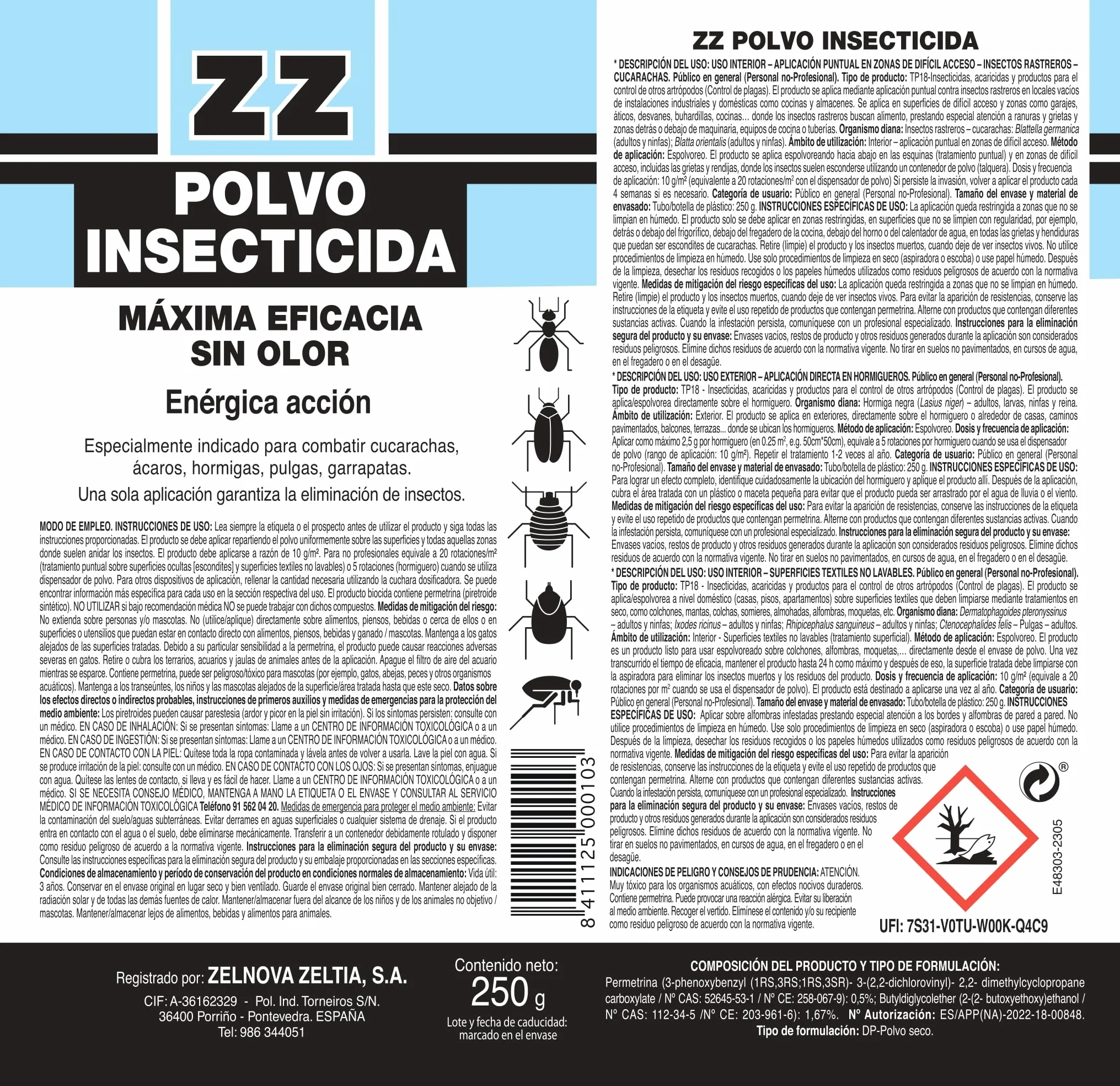 Zelnova Zeltia Polvo Insecticida 250 g Autorizado Uso Doméstico