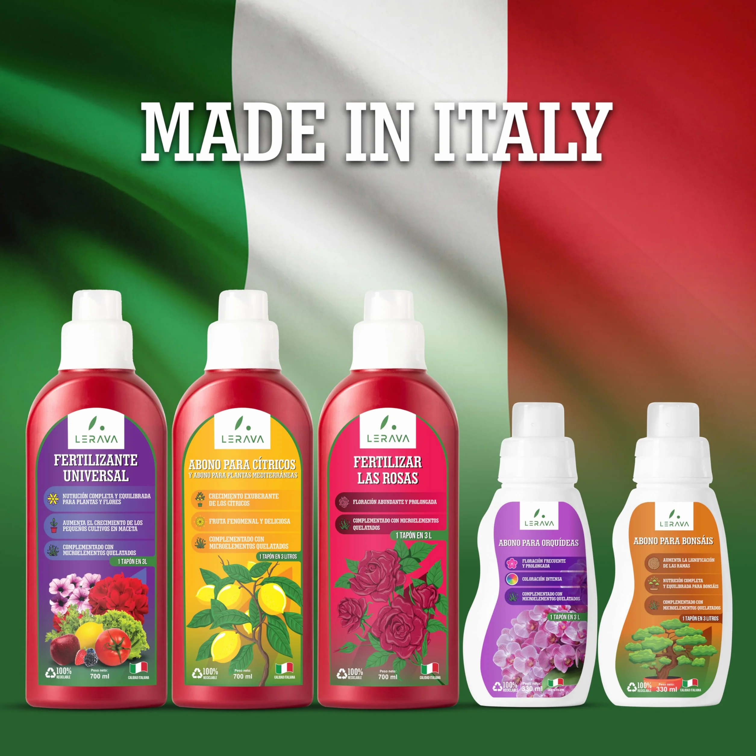 LERAVA Abono líquido para rosas 700 ml con tapón dosificador quelatos microelementos Made in Italy