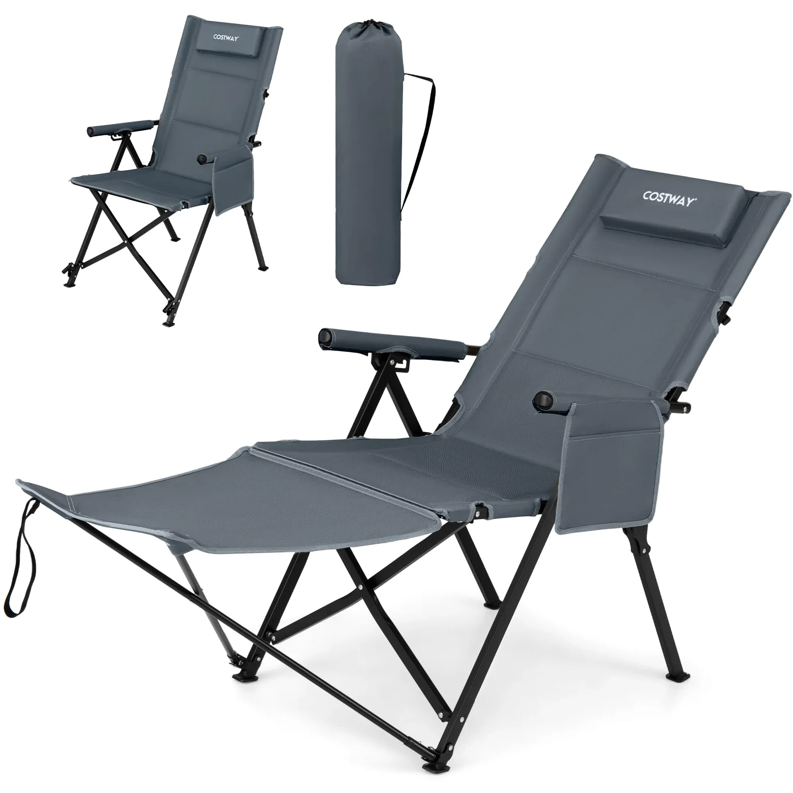 COSTWAY Silla Plegable Camping con Reposapiés Desmontable (Gris) | Tumbona Reclinable con Respaldo Ajustable de 4 Niveles, Reposacabezas, Bolsillo Lateral, Bolsa de Transporte, Jardin Playa Pi