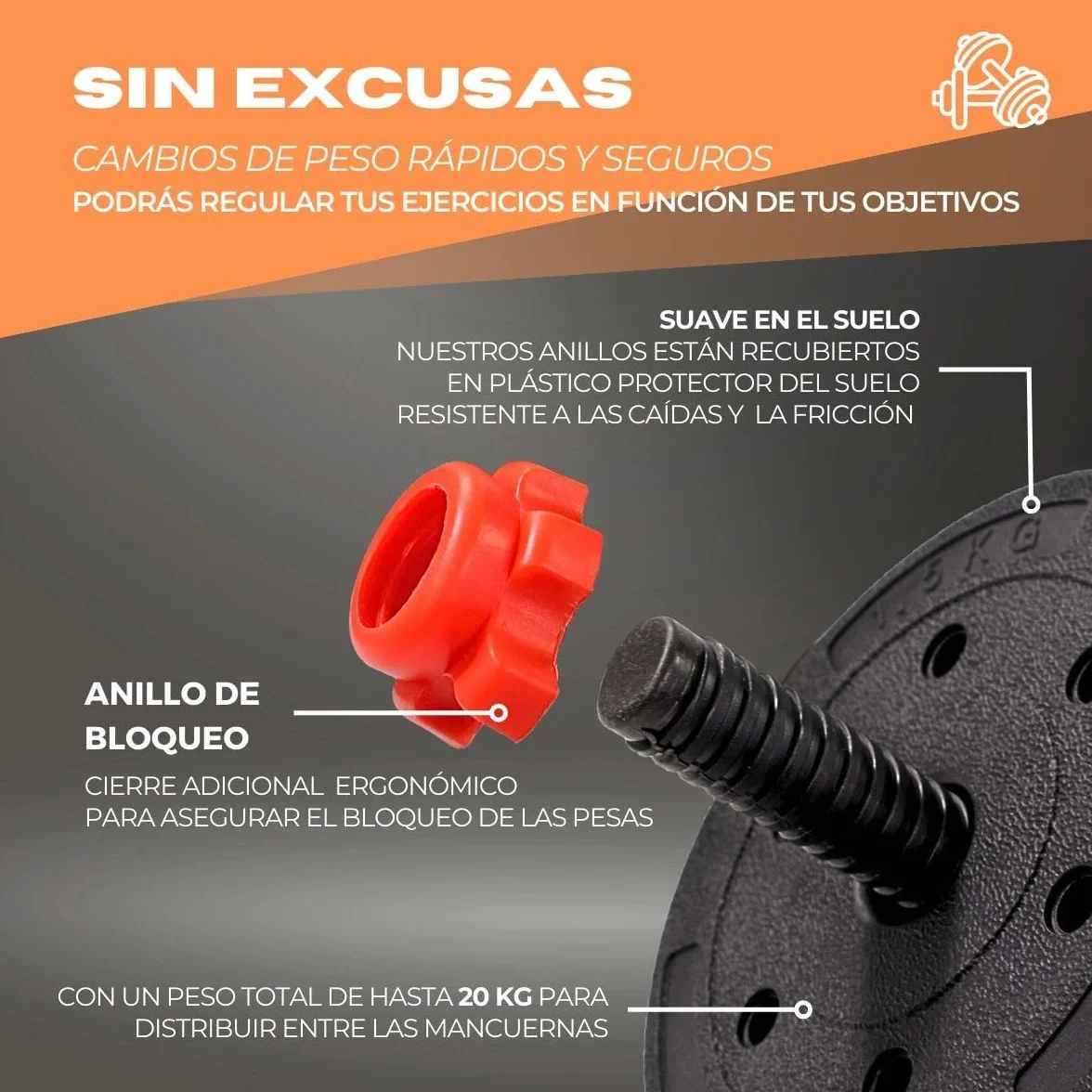 Mobiclinic Mancuernas ajustables 2 en 1 2-30 kg con barra extensión acolchada