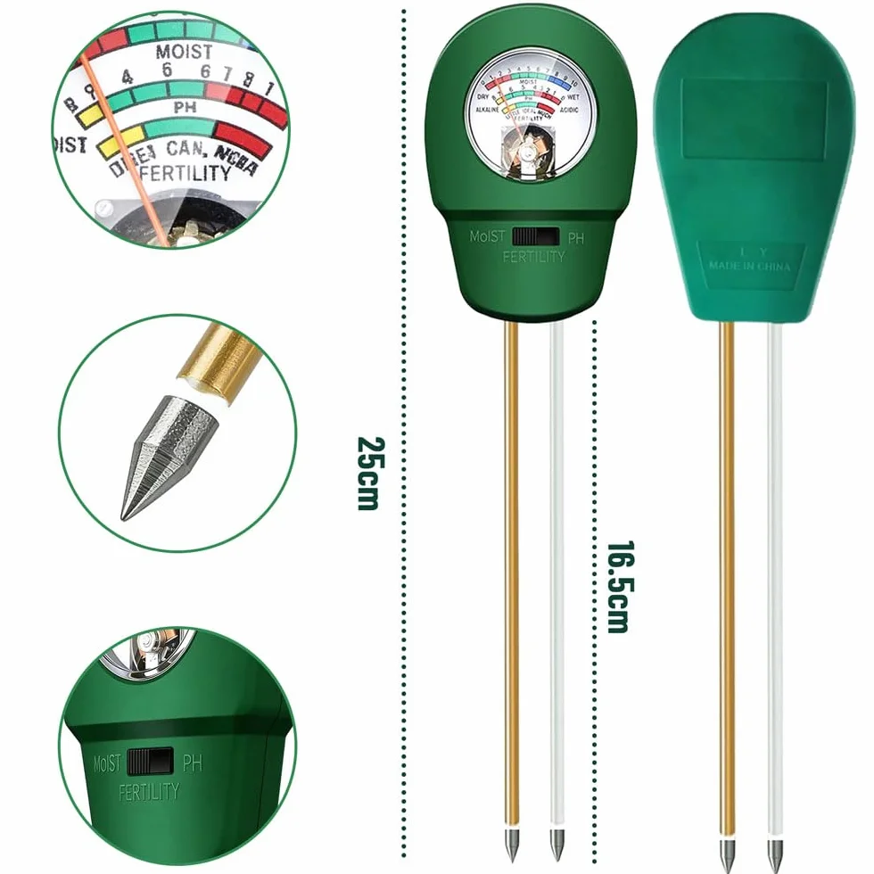 Medidor de Humedad del Suelo 3-en-1, Medidor Humedad Plantas con Prueba de PH, Luz, para Jardinería