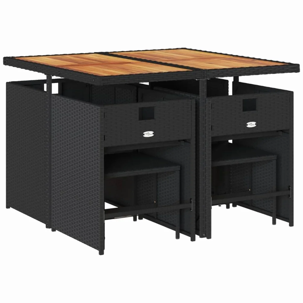 Brokky Juego de Muebles de Jardín en Ratán Conjunto Comedor para Jardín Exterior Mesa y Sillas De Comedor De Ratán-Negro y Crema-9 pzas/Madera
