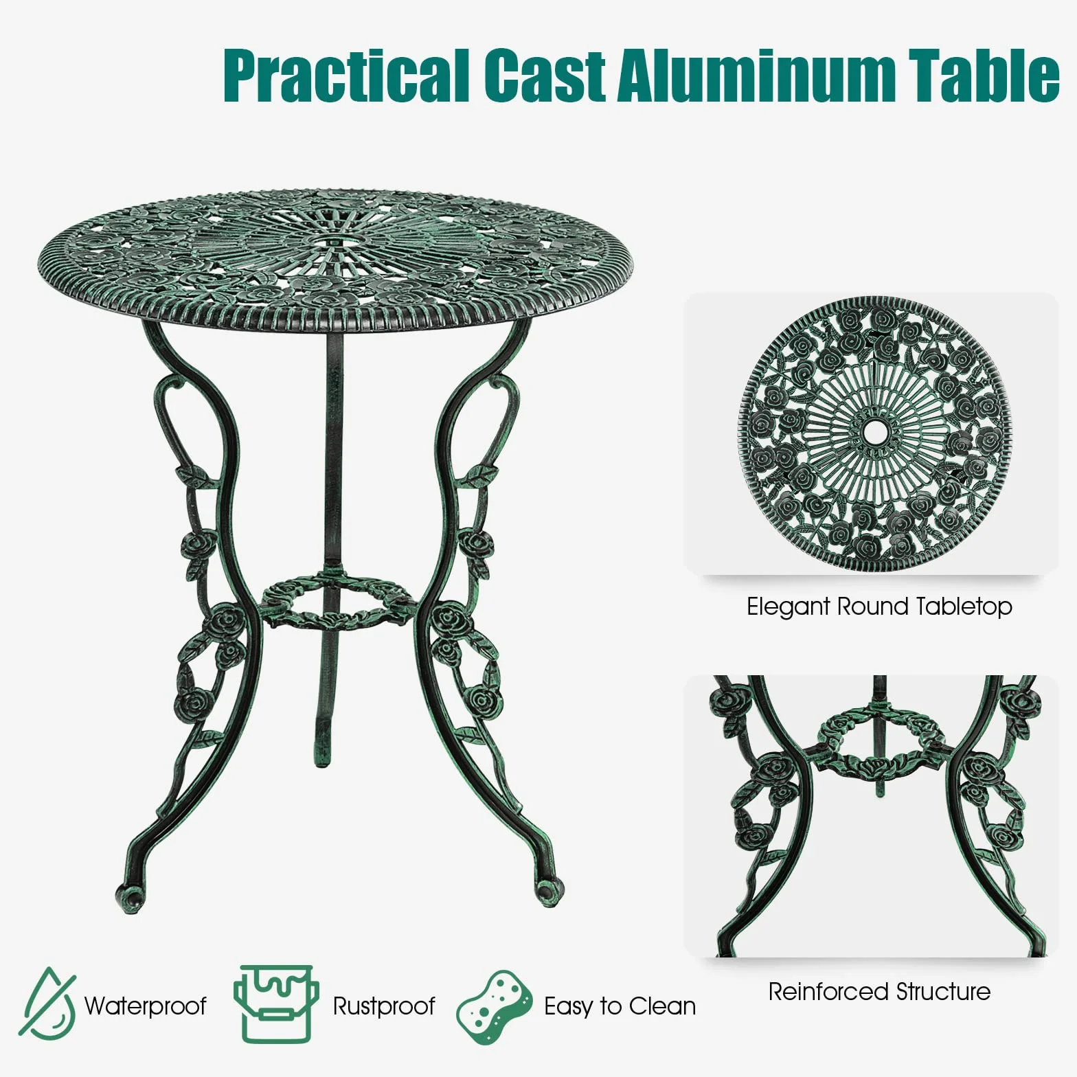 KOMFOTTEU Juego de Muebles de Jardín 3 Piezas, Mesa y 2 Sillas de Aluminio Fundido, Conjunto Bistró con Agujero Sombrilla, Diseño Rosas, Verde Bronce