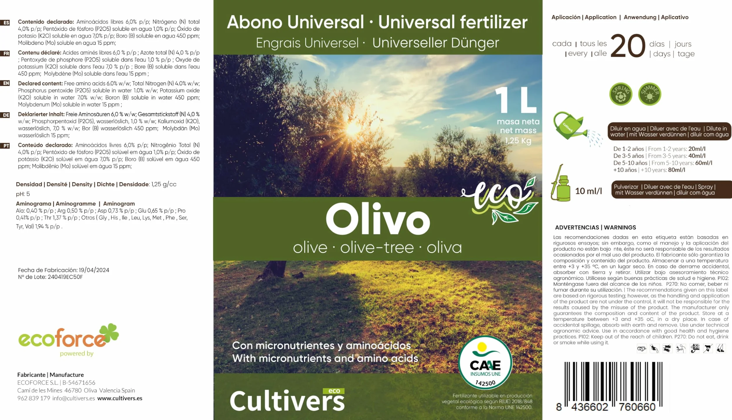 CULTIVERS Fertilizante Olivo Ecológico Líquido 1 L Abono Orgánico con Macronutrientes y Micronutrientes