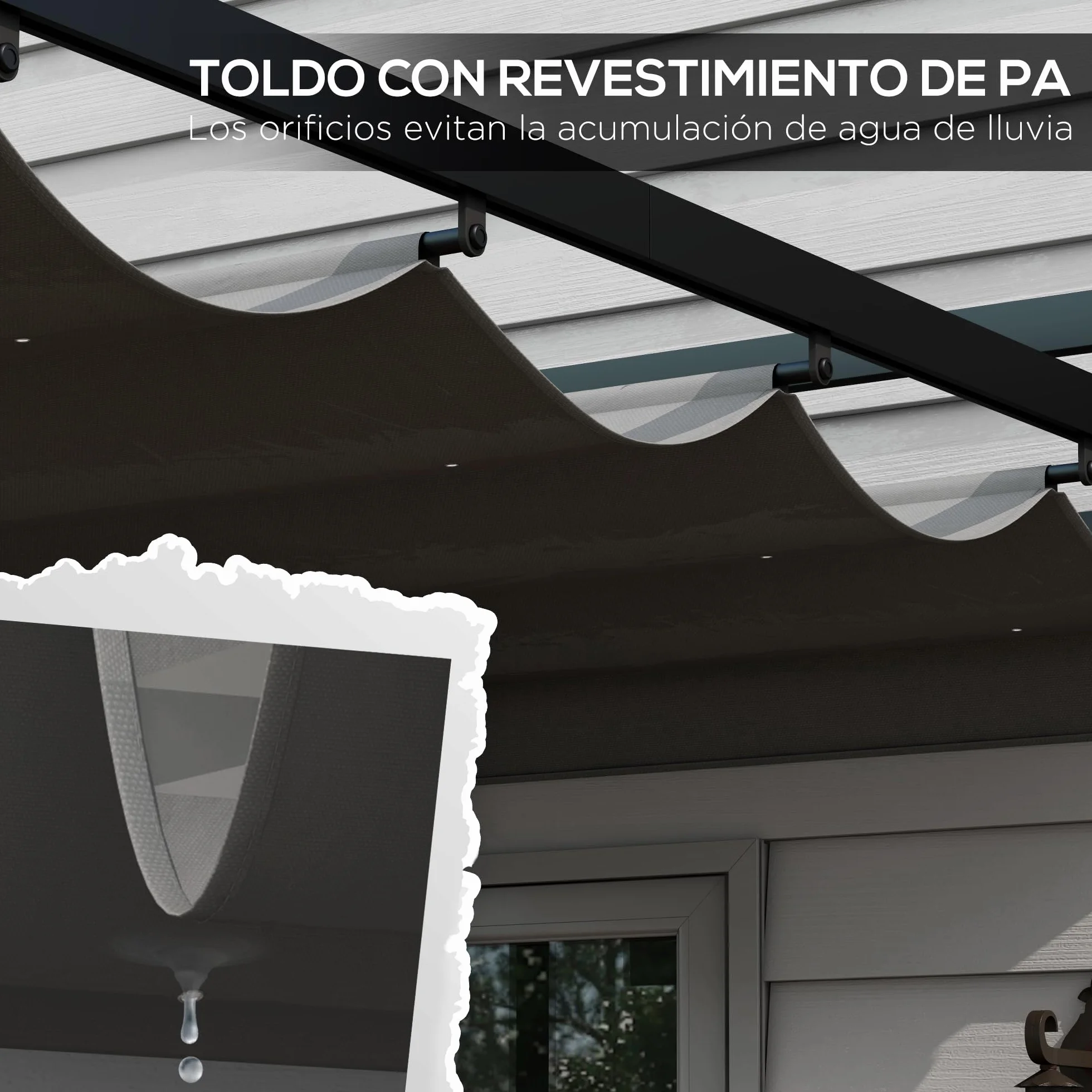Outsunny Pérgola 3x4 m Gazebo Cenador de Jardín con Techo Retráctil de Poliéster y 12 Orificios de Drenaje Pérgola para Patio Terraza Exterior Gris Oscuro