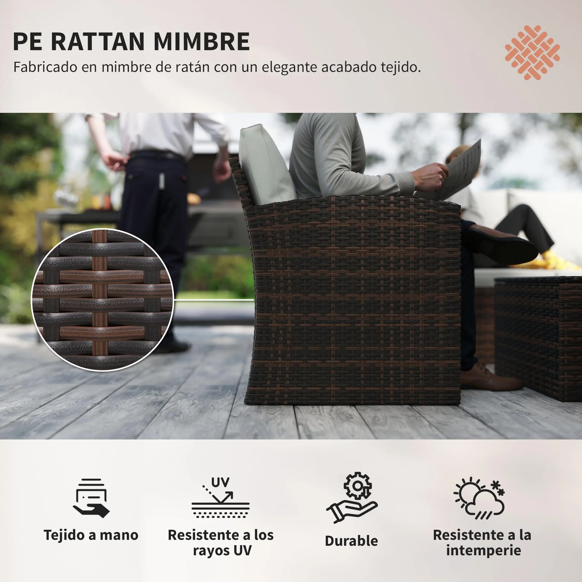 Outsunny Conjunto de Jardín Exterior de Ratán 6 Piezas con Cojines, Sofá Doble, 3 Plazas, 2 Sillones, 2 Mesas, Beige