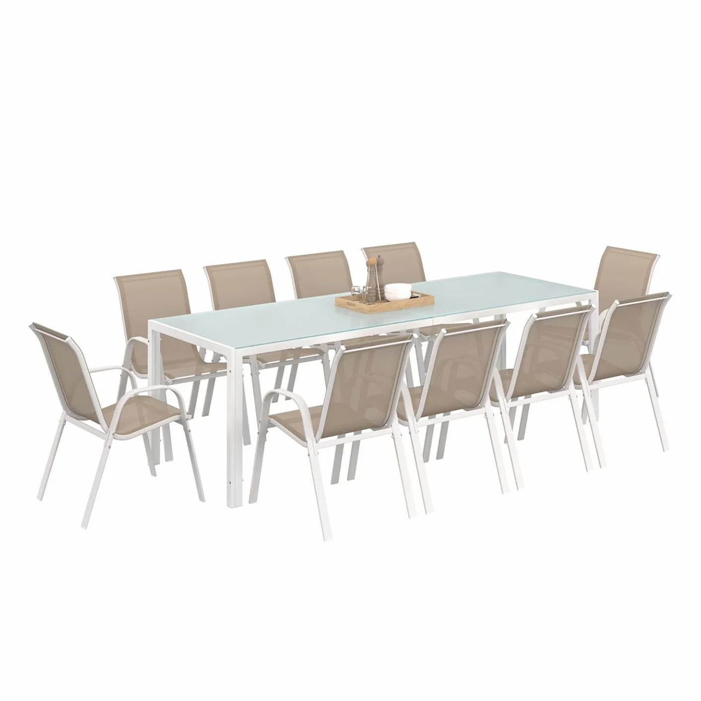 IDMarket - Muebles de Jardín Madrid Mesa 240 CM y 10 sillas apilables Blanco y Beige