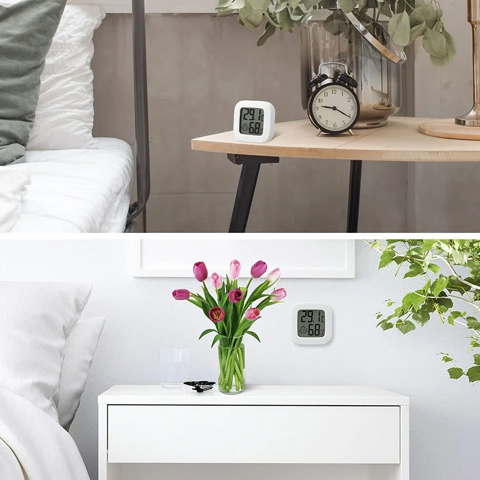 Flintronic Higrómetro Digital Termómetro, 2 Piezas Mini Termómetro Higrómetro Interior, Pantalla LED con Logo de Confort, Blanco