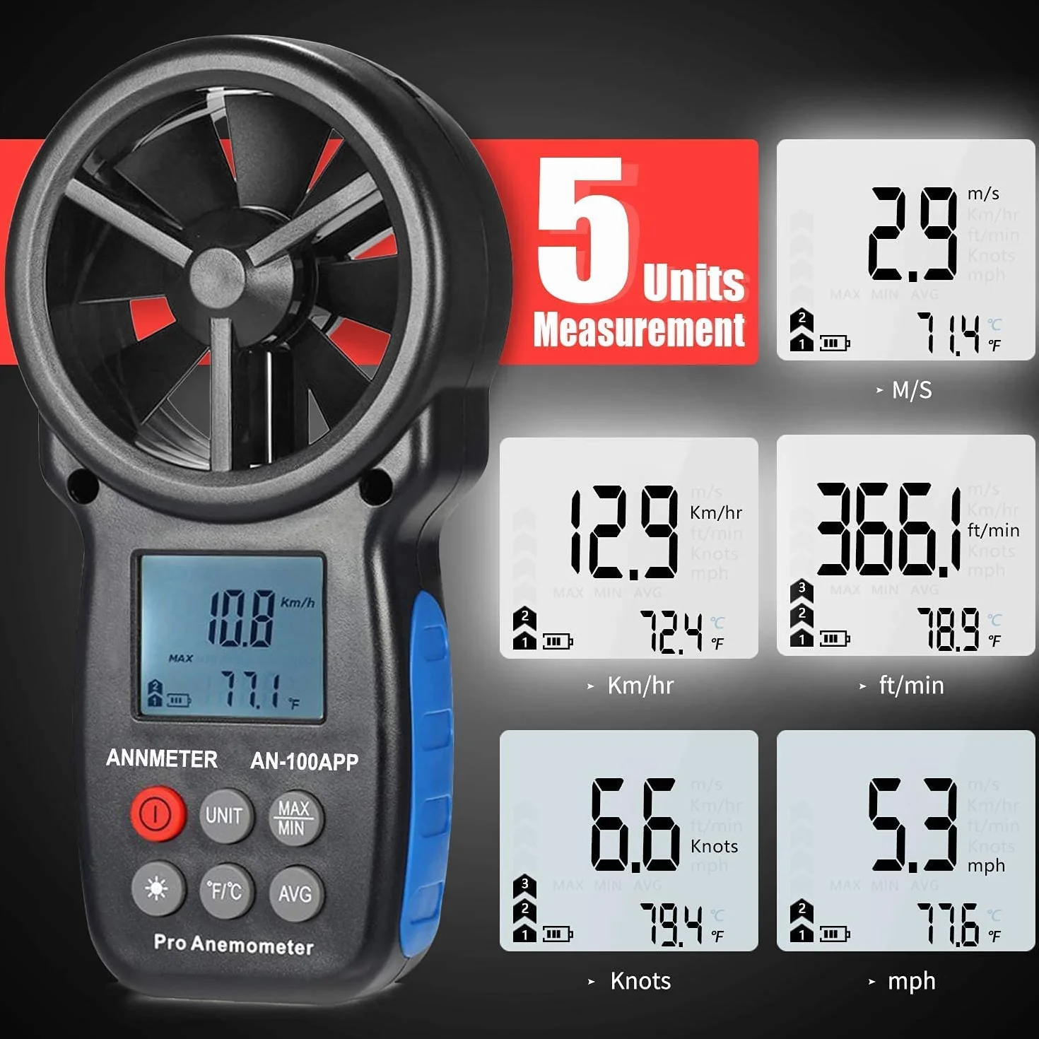 Anemometro Portatil Bluetooth AI-100APP Medidor de Viento AIOMEST 30m/s Flujo de Aire Temperatura Viento HVAC Drones Riego