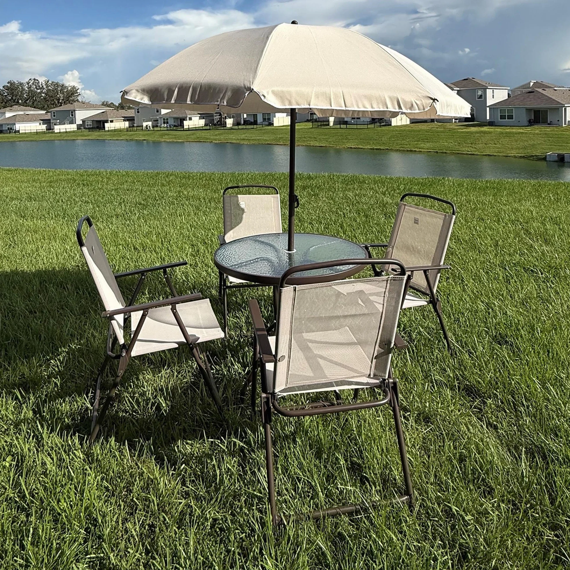 Outsunny Conjunto de Muebles para Jardín con 4 Sillas 1 Mesa y 1 Parasol Texteline Aluminio y Poliéster Beige