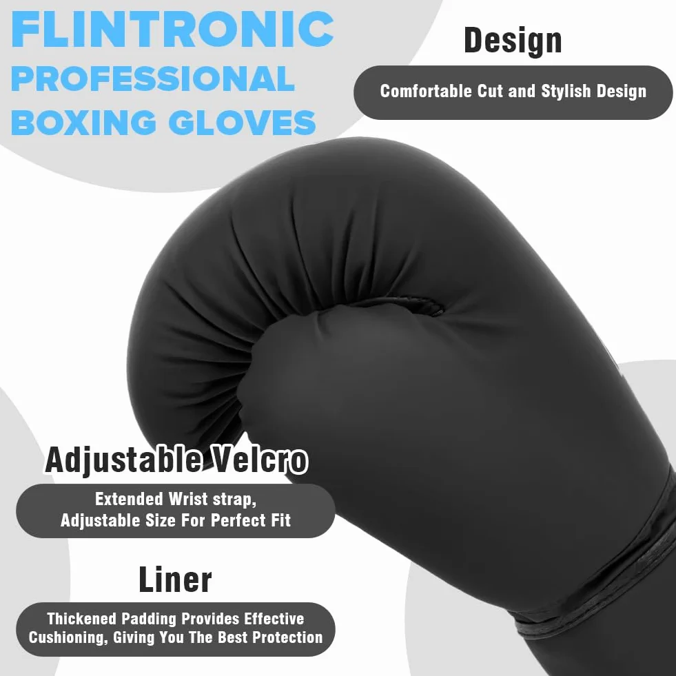 flintronic Guantes de Boxeo para Adulto, Cuero Premium, Entrenamiento MMA Muay Thai Kickboxing Negro