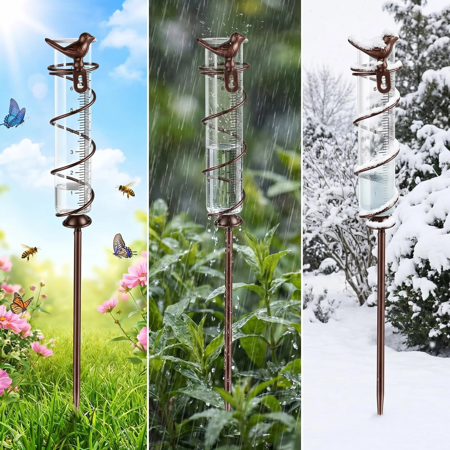 Pluviómetro de Vidrio Resistente a Heladas con Espiga Metálica para Exterior Jardín