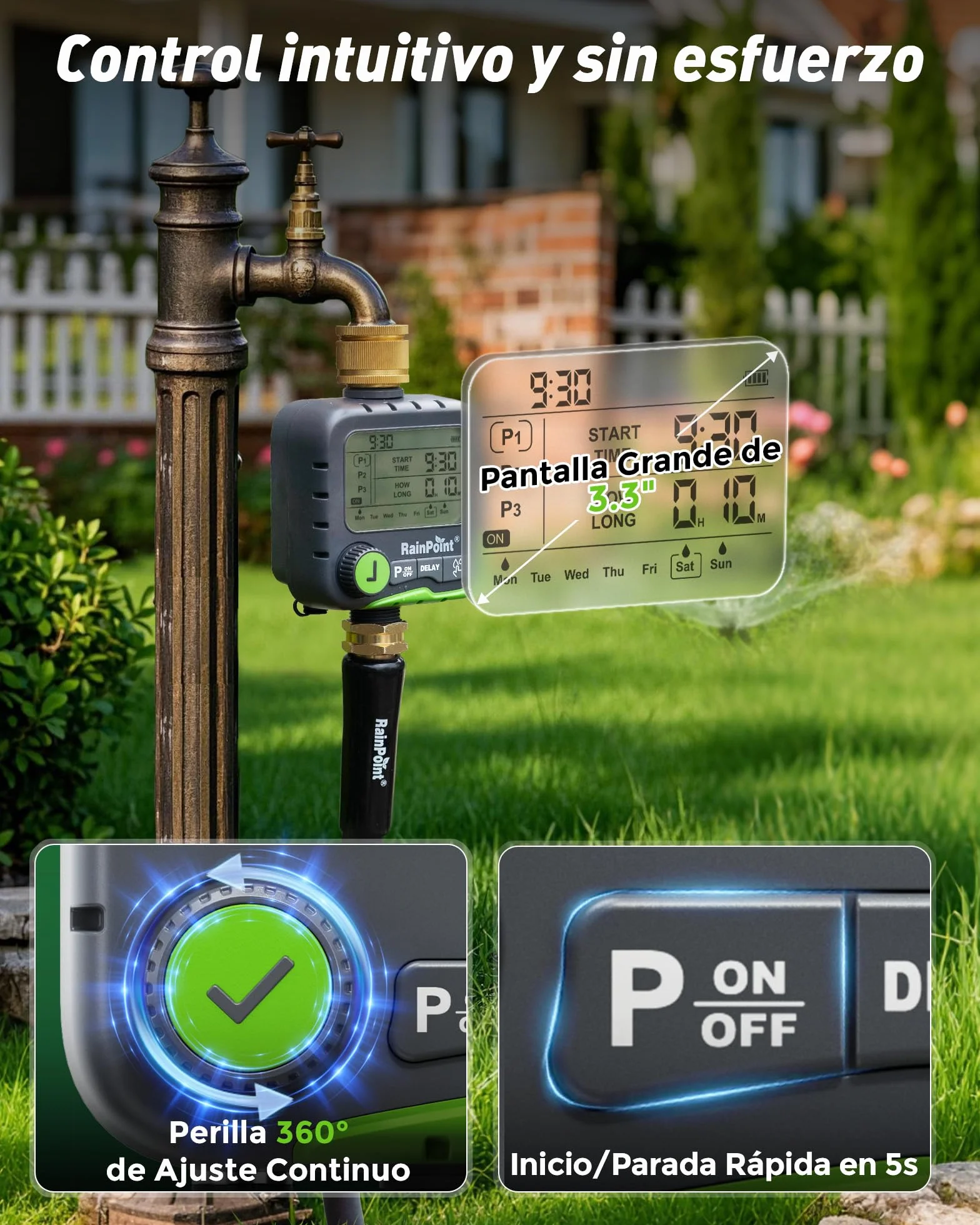 RAINPOINT Ordenador de riego IP65 Resistente al Agua con 3 Planes de riego y Doble conexión para Sensor de Lluvia y Panel Solar