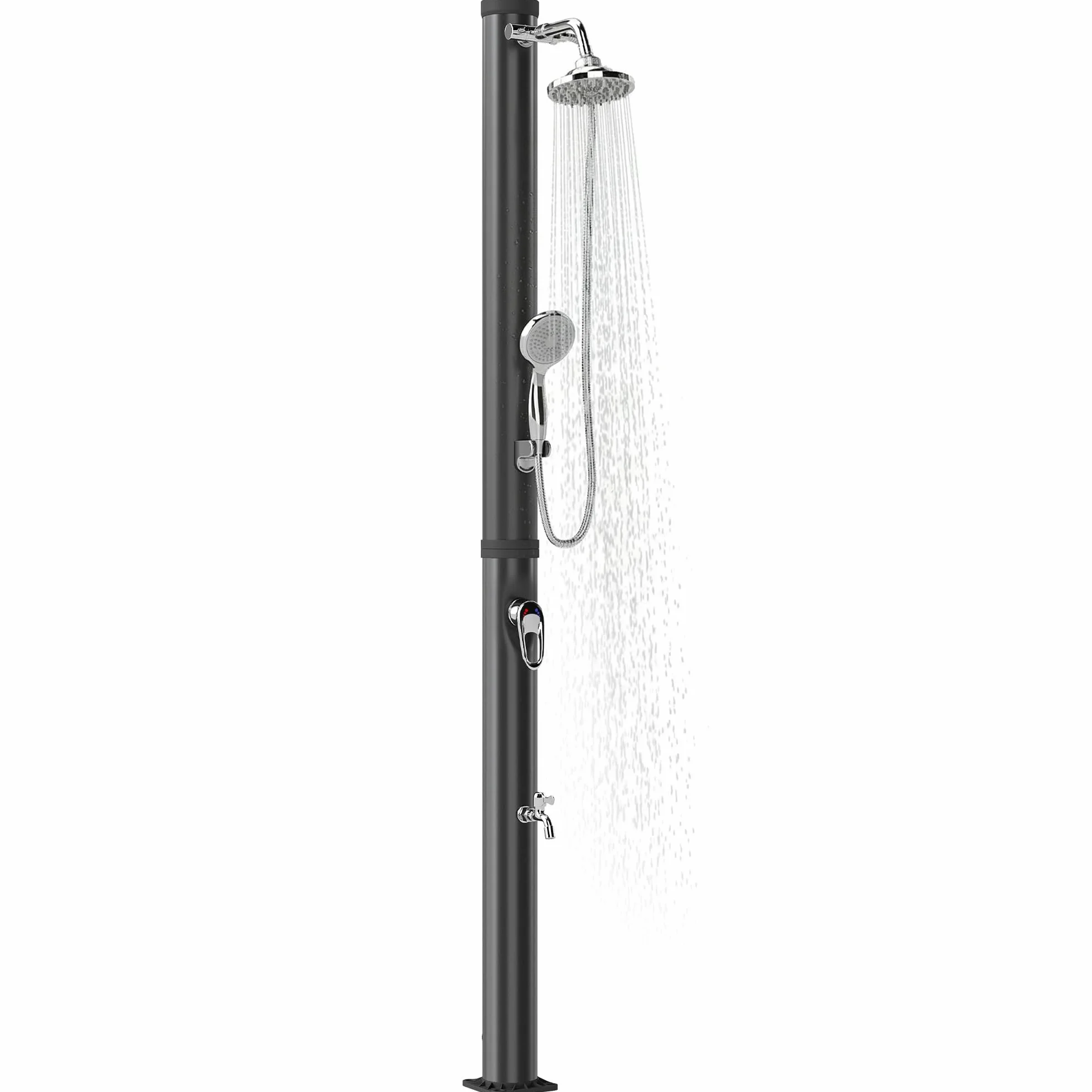 Outsunny Ducha Solar de Jardín 20L Exterior con Cabezal Rociador Agua Fría y Caliente 60°C Protección Congelamiento 42x11x215 cm Negro