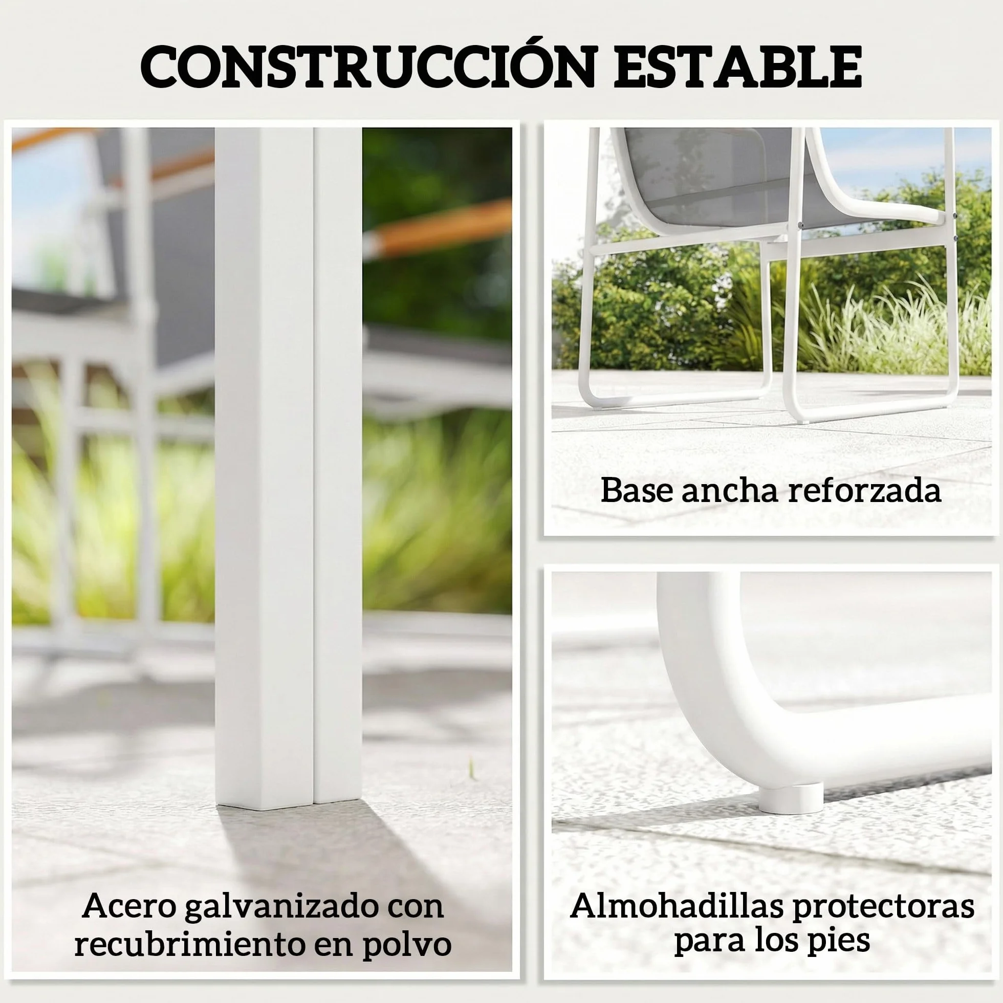 Outsunny Conjunto de Mesa y Sillas Jardín de 7 Piezas, Muebles Jardín Exterior con Mesa de Vidrio Templado, 6 Sillas Transpirables Decorativas, Marco de Acero Resistente a la Intemperie, Blanco y Gris