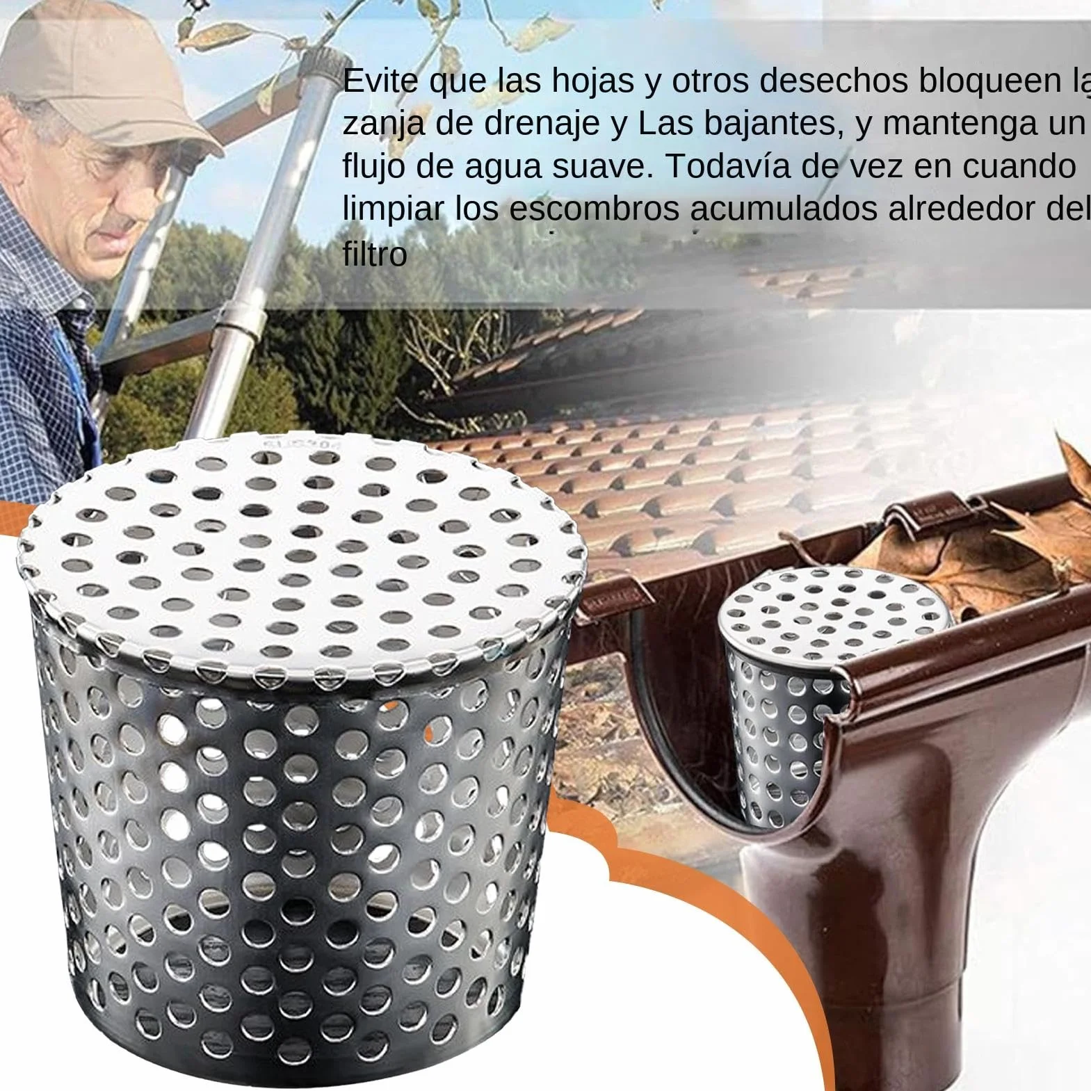 Rejilla para Bajantes de Canalón, Rejilla de Drenaje en Acero Inoxidable, Protección Antiatascos para Desagües Exteriores