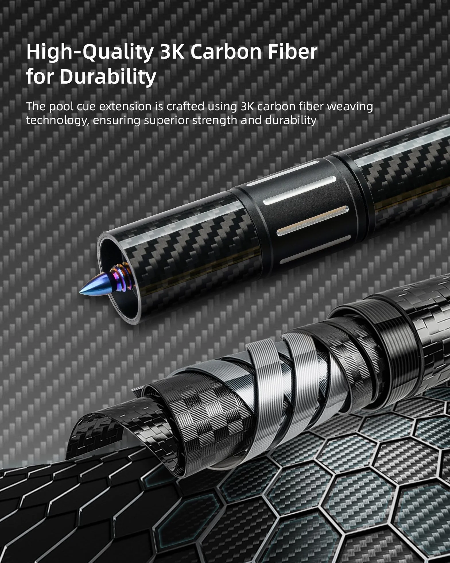 KONLLEN Pool Cue Extension Carbon Fiber Billiards Cue Extension with 3 Bumpers