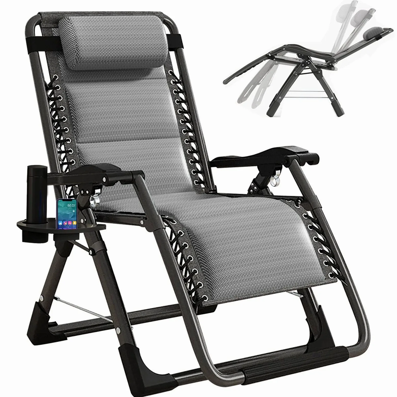 Tumbona Gravedad Cero, Silla Reclinable Plegable con Respaldo Ajustable Y Reposacabeza Extraíble, Tumbona Jardin Exterior para Playa Piscina Hamaca Reposabebidas (Color : Linen Grey Mattress)