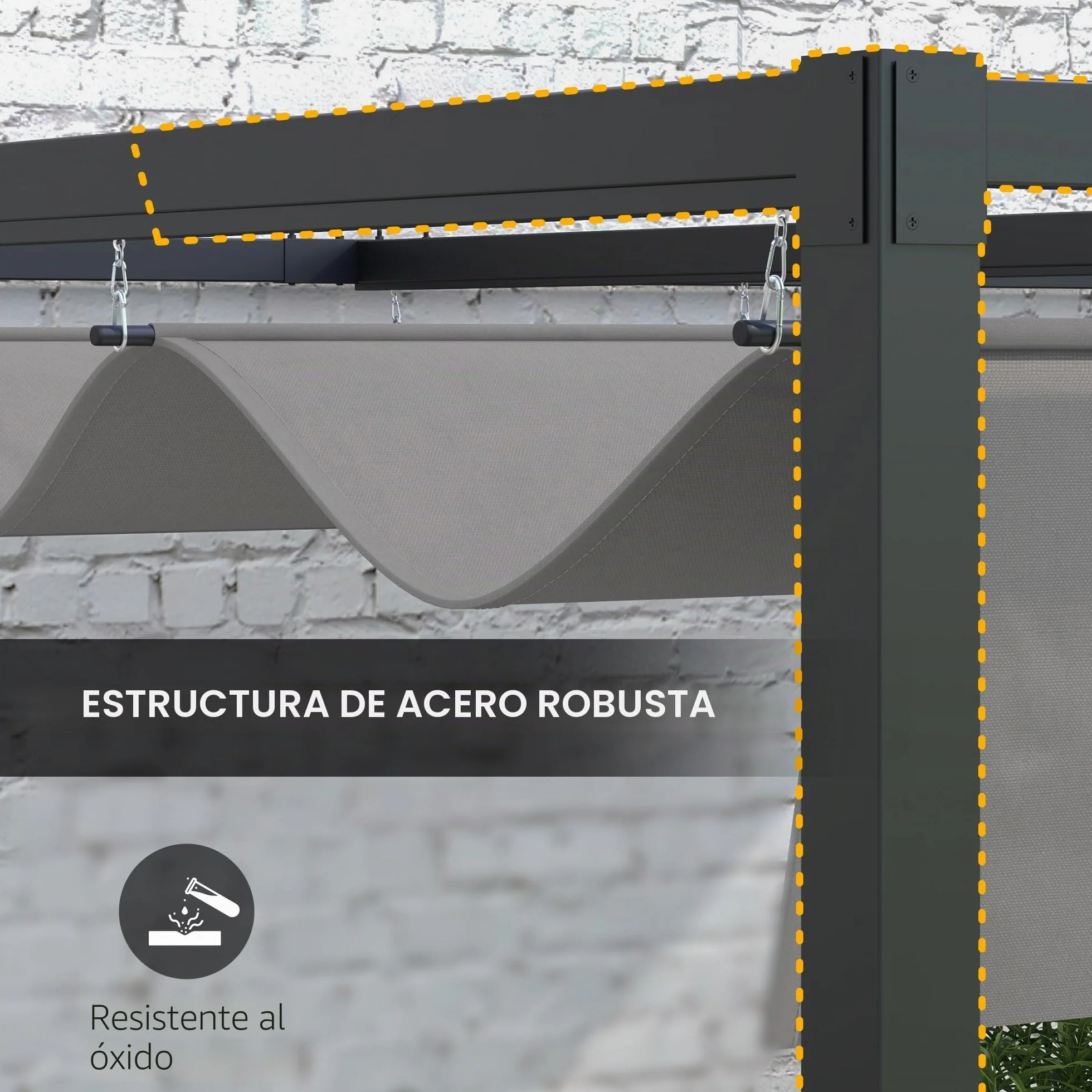 Outsunny Pérgola cenador de 3 x 4 m con Techo retráctil y Orificios de Drenaje, pérgola de jardín de Acero y poliéster con piquetas y Tornillos, Gris Oscuro