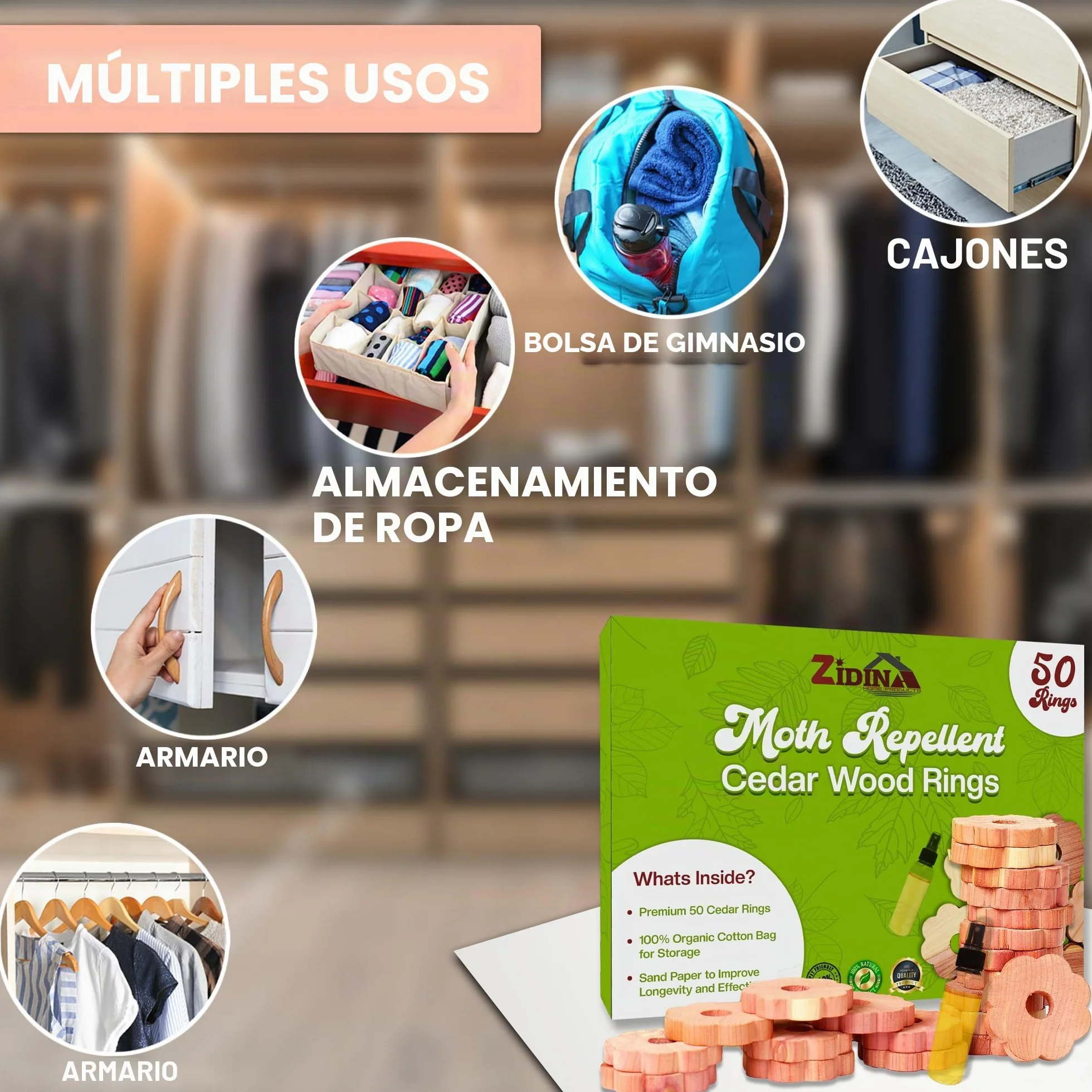 Antipolillas para Ropa Armario 50x Anillos de Madera de Cedro Aceite de Cedro 4.5ml Insecticida Plantas Orgánica