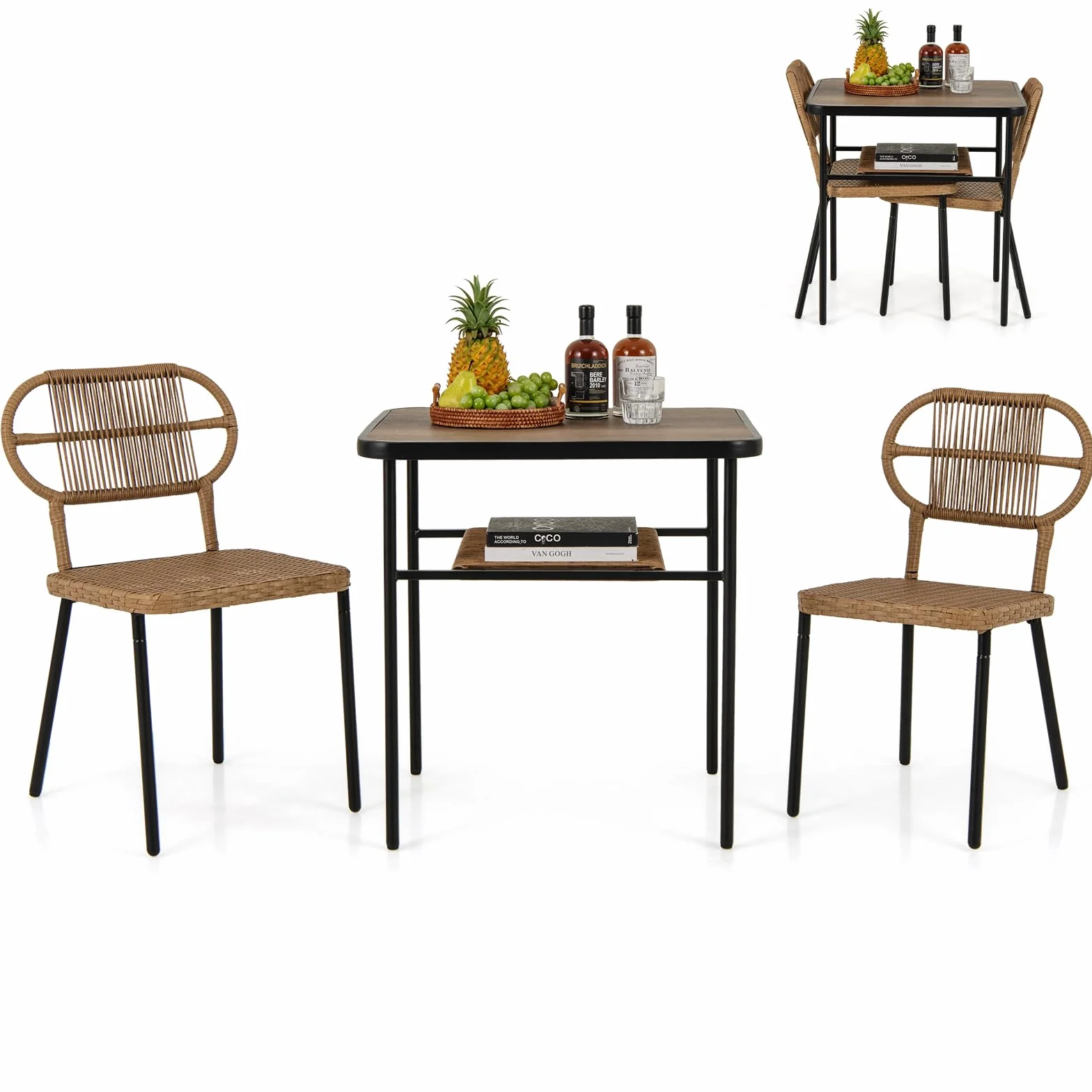 COSTWAY Conjunto Jardin Exterior de 3 Piezas, 2 Sillas de Ratán Apilables y Mesa de Comedor con Estante, Mesa y Sillas Jardin Terraza Balcon Interior Exterior