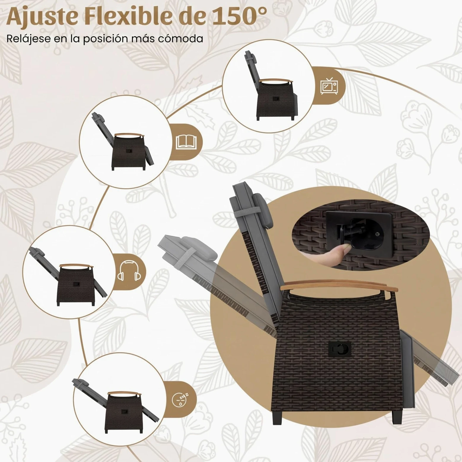 COSTWAY Silla Reclinable Jardin, Tumbona de Ratán con Respaldo y Reposapiés Ajustables, Mesita Abatible, Reposacabezas Extraíble y Reposabrazos de Madera, Sillón Terraza Exterior para Patio (1,Gris)