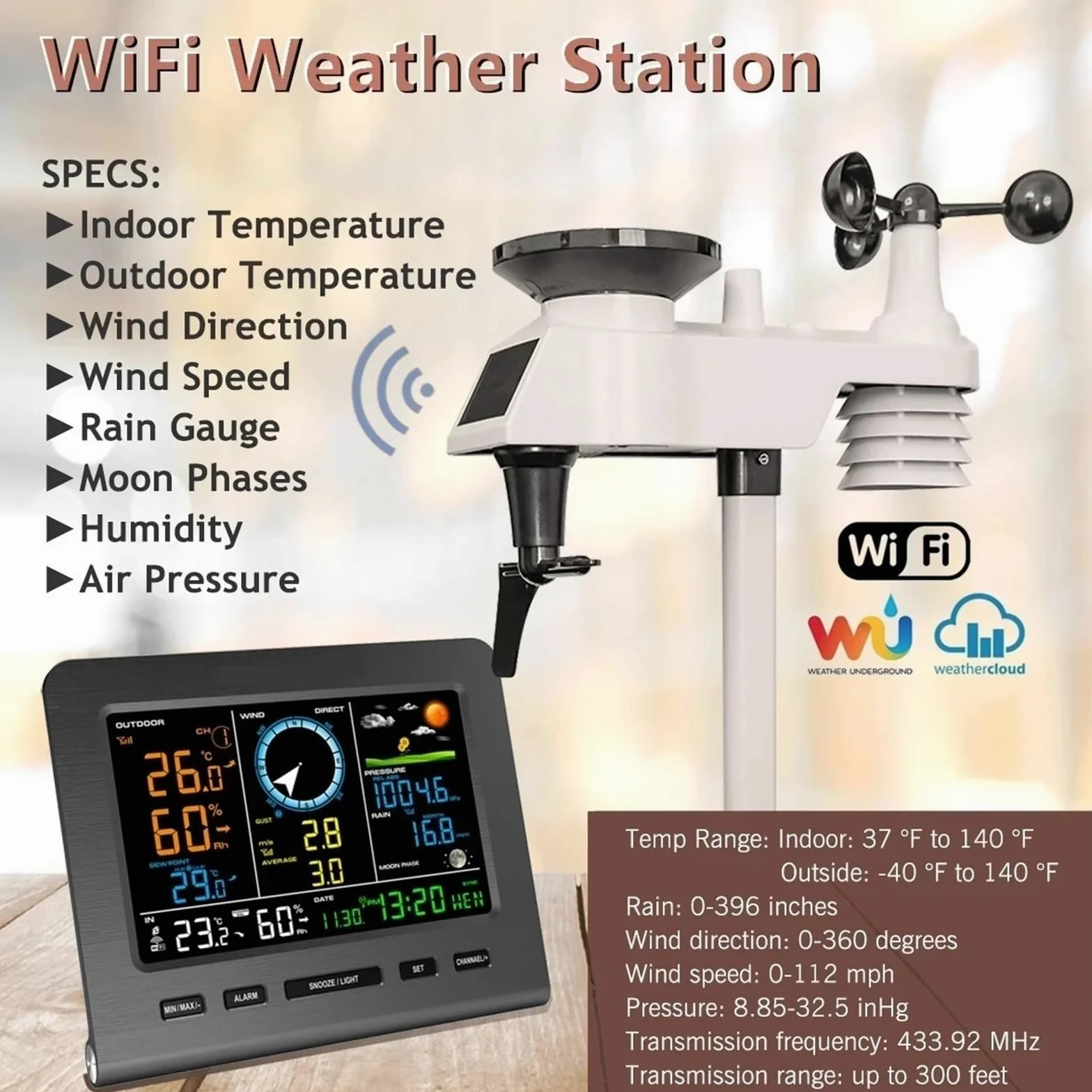 Estación Meteorológica Inalámbrica de Internet, pronóstico del tiempo, temperatura, presión, humedad, viento, lluvia, medidor, alarma con frase lunar(Radio Transmission)