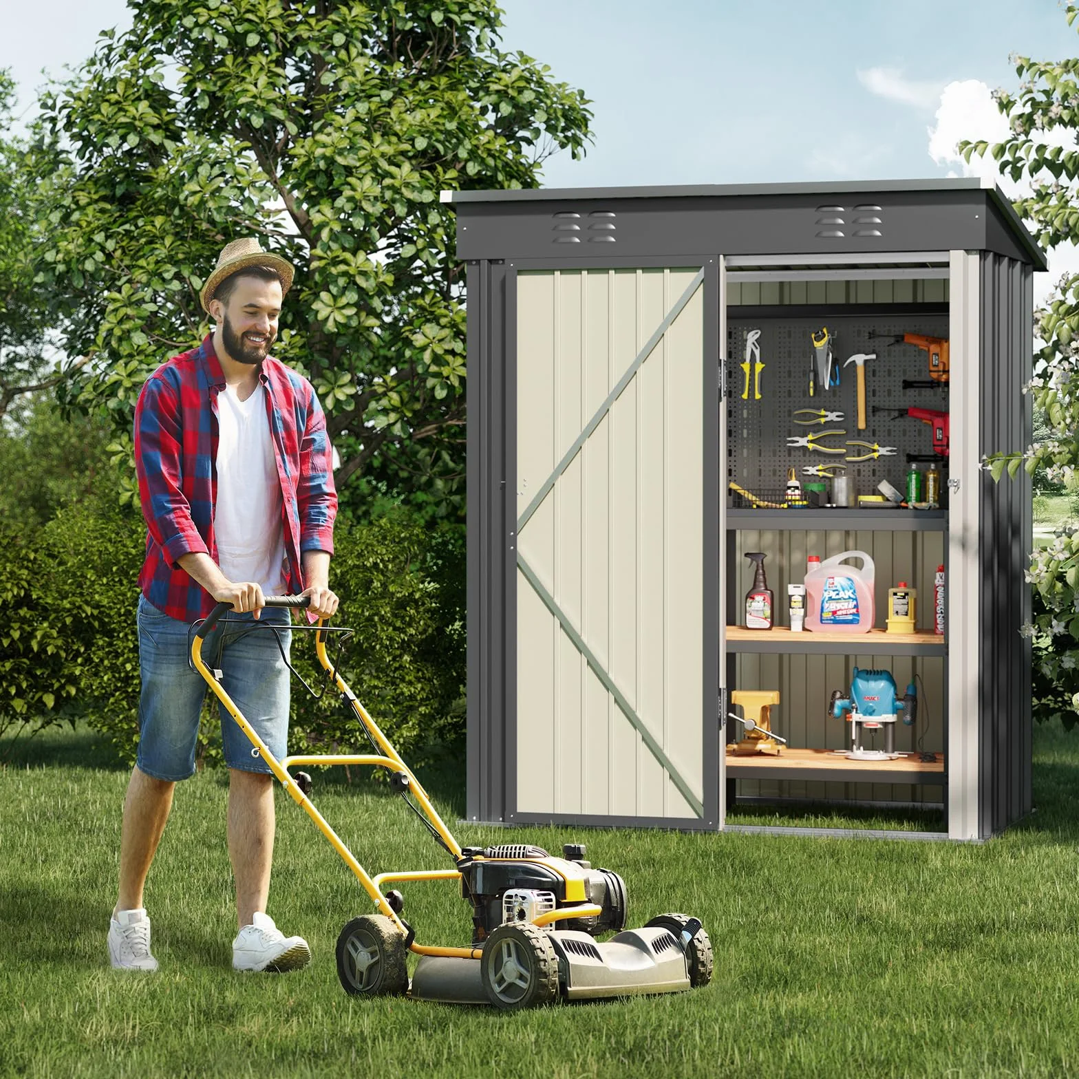 Bealife Caseta Jardín Exterior Metálico Almacenaje Puerta Corrediza 180x162x95cm Gris