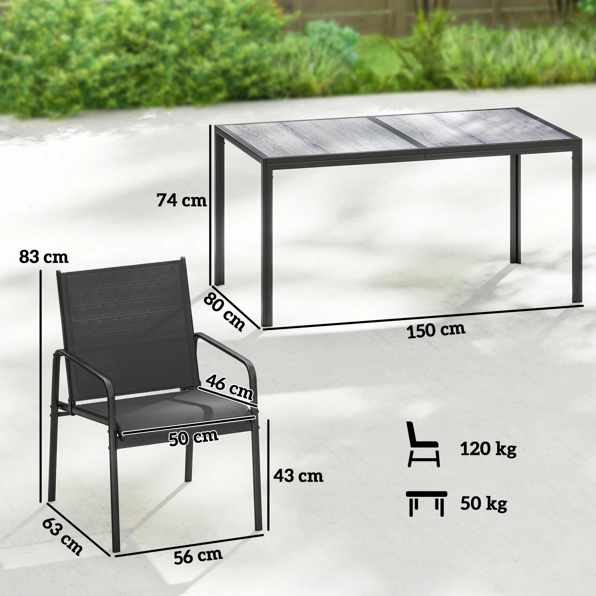 Outsunny Conjunto de Mesa y Sillas Jardín de 7 Piezas, Muebles de Jardín Exterior con Mesa de Efecto Madera y 6 Sillas con Asiento Transpirable, Marco de Acero Galvanizado, para Terraza, Patio, Negro