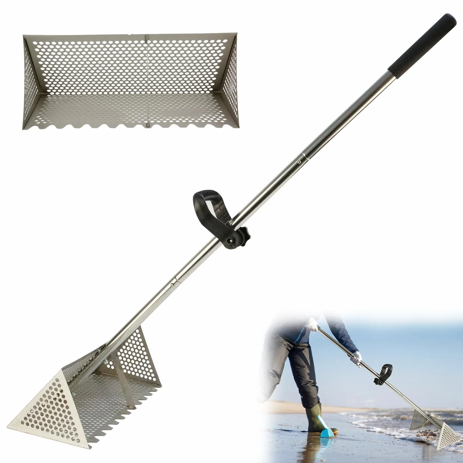 Colador de arena de acero inoxidable con cesta trapezoidal ancha, rastrillo de playa extraíble de mango largo