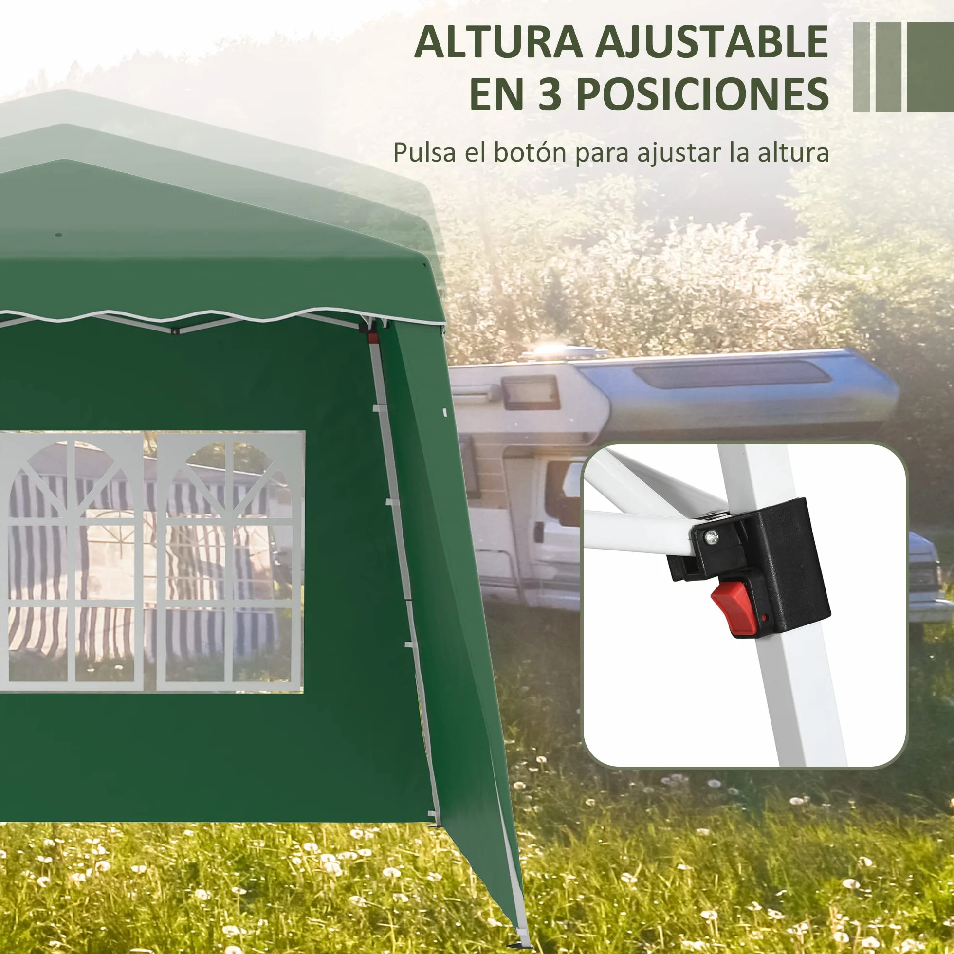 Outsunny Carpa Plegable Pop-up 3x3 m Cenador Pabellón de Jardín con 2 Paredes Laterales Altura Ajustable y Bolsa de Transporte Protección UV50+ Impermeable Gazebo para Camping Fiestas Exterior Verde