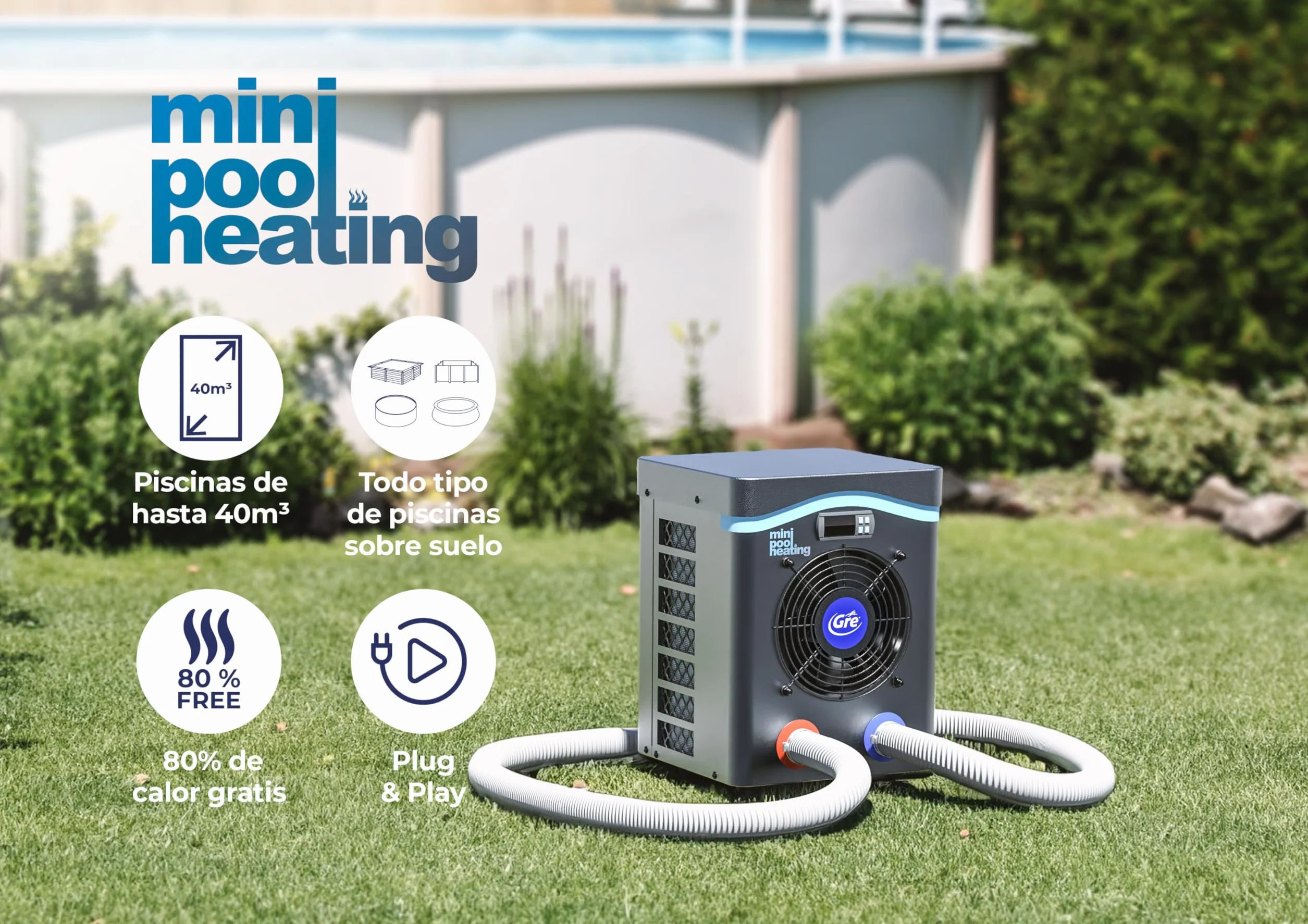 Bomba de Calor Mini para Piscina sobre Suelo 20 m3, Calefacción Piscinas Elevadas Gris Gre HPM20