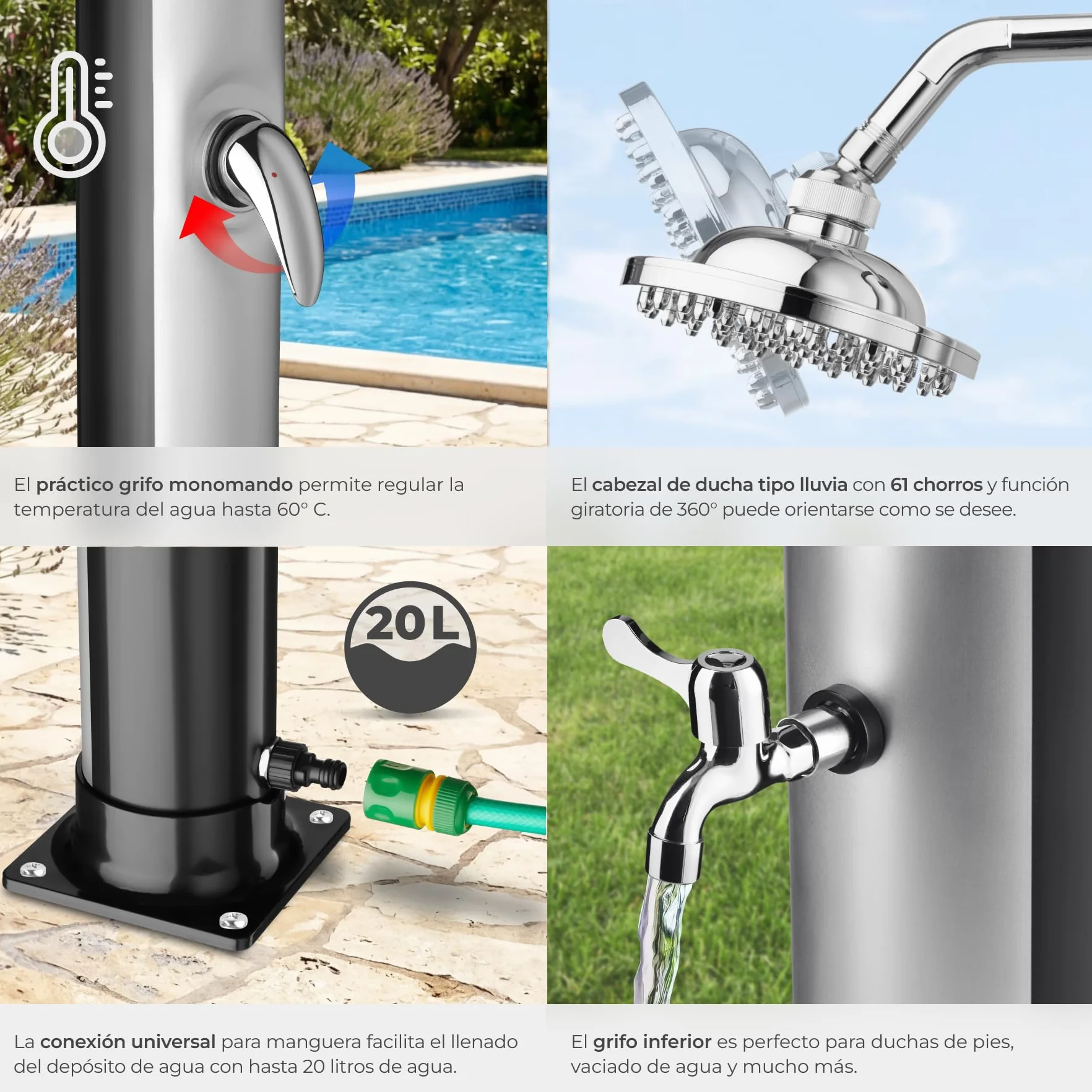 Tectake Ducha Solar Exterior 20 L 360° Resistente Intemperie Negro/Plata