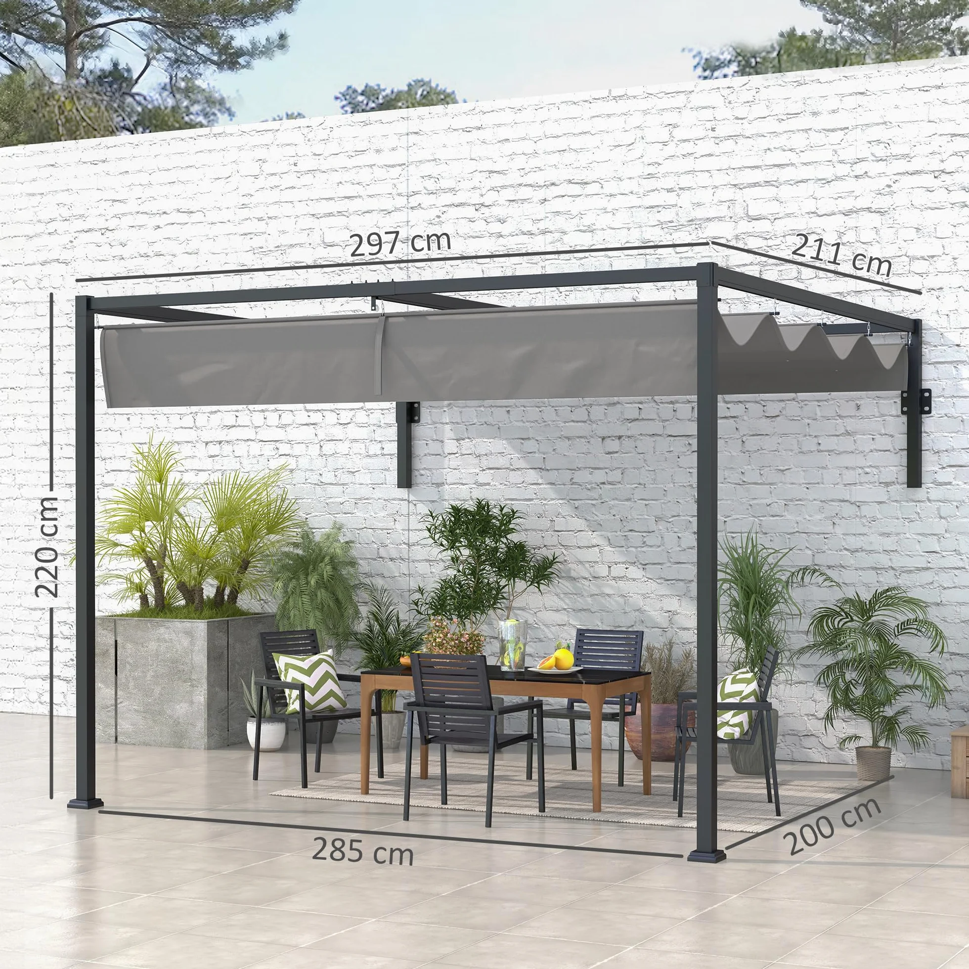 Outsunny Pérgola con Techo Retráctil Pérgola de Pared 3x2 m Cenador con Tela de Poliéster Resistente al Agua Pabellón para Jardín Patio Terraza Exterior Gris Oscuro