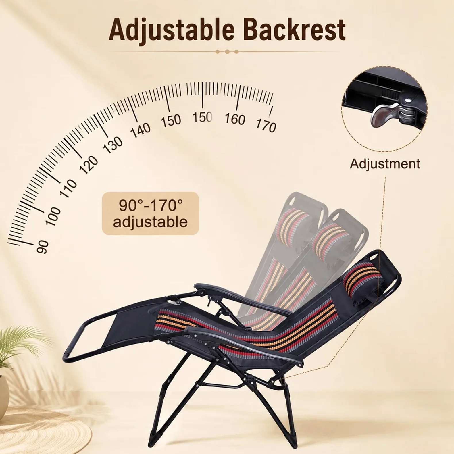 Tumbona plegable con cojín lumbar de una pieza, silla ergonómica para tumbona, respaldo ajustable, para exteriores, hasta 150 kg, silla de jardín para jardín, piscina, balcón y terraza (gris-1 unidad)