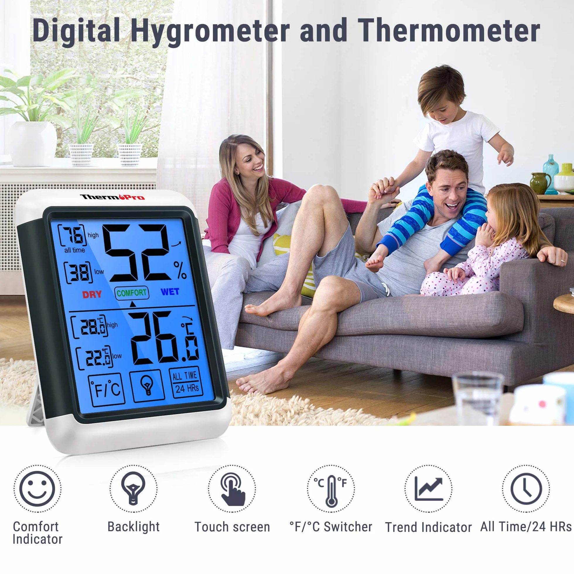 ThermoPro TP55 Termómetro Higrómetro de Interior Digital con Pantalla Táctil y Retroiluminación