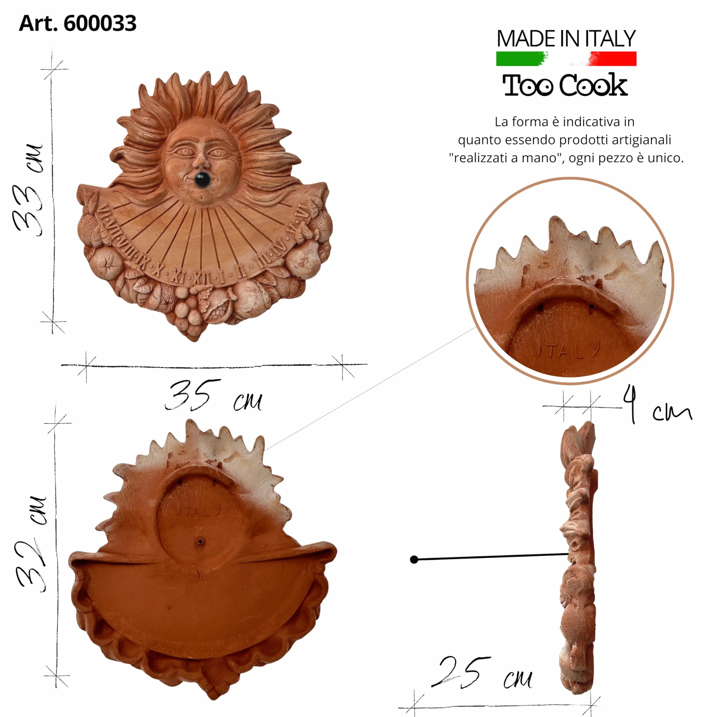 Reloj de sol de terracota para pared exterior 33 x 35 cm vintage fabricado en Italia