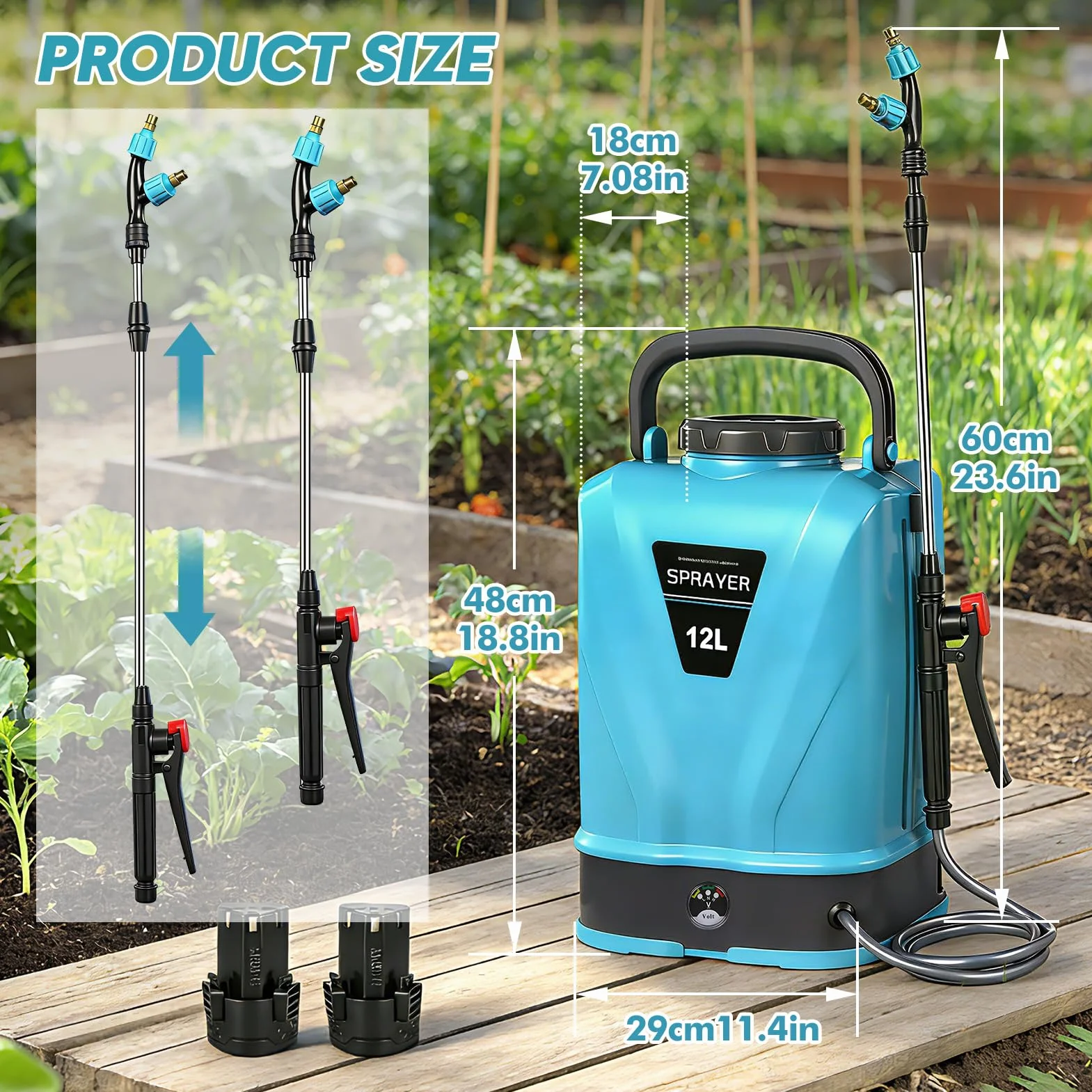 Viugreum 12L Pulverizador de Mochila a Batería, 12V Pulverizador Eléctrico de Jardín con 5 Boquillas de Nebulización, Lanza Telescópica y Correa Ajustable para Riego, Irrigación y Mantenimiento
