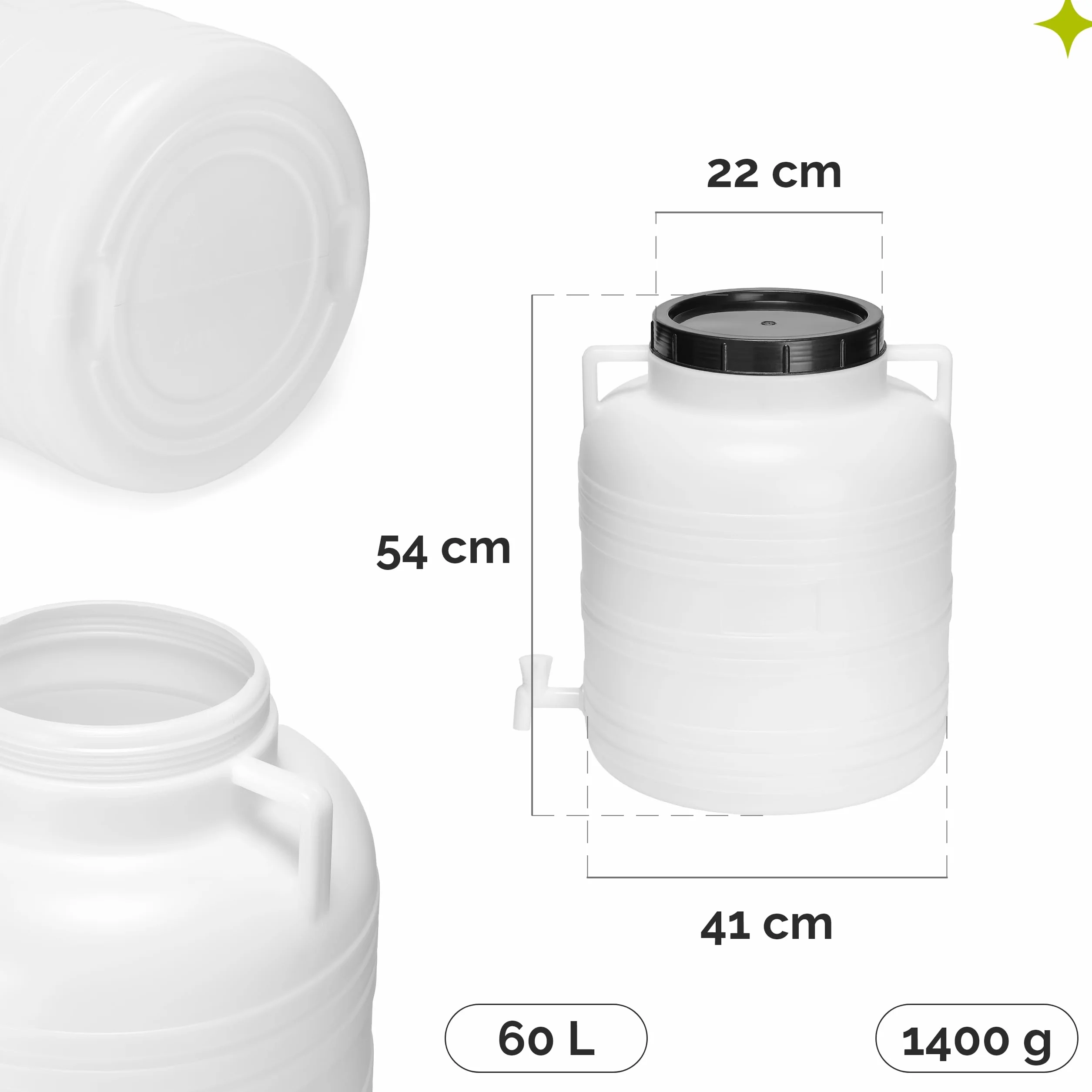 Barril 60 litros BPA-Libre con Grifo Boca Ancha, Depósito de Agua Blanco Garronda GD-0090