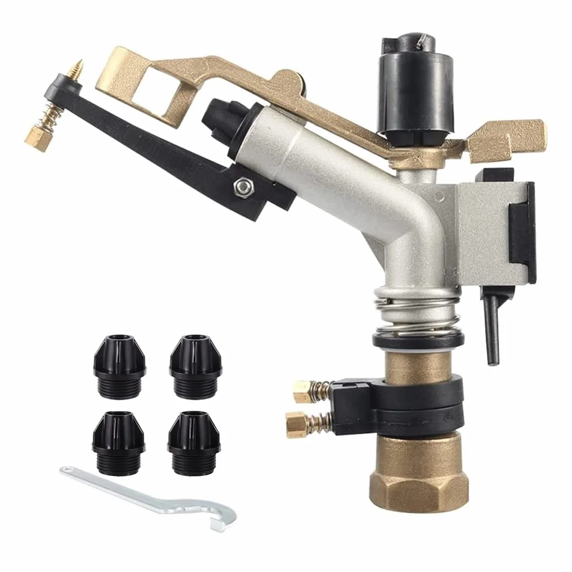 Cañón de riego Hembra de 1" Ajustable - Alcance de 12-17m. Aspersor agrícola Sectorial Largo Alcance. [Llave de Paso + 4 boquillas Ø5,6,7,10] - Presiones de Trabajo 1.5/4 Bar. Riego eficiente