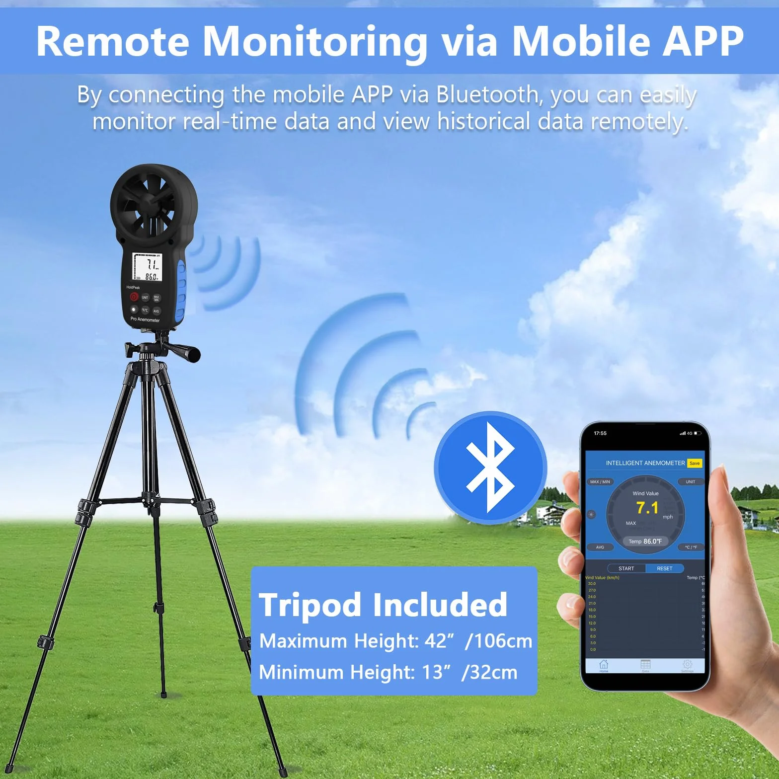 HOLDPEAK HP-866B-APP Anemómetro digital de mano con Bluetooth inalámbrico para medir velocidad del viento, trípope incluido (negro)