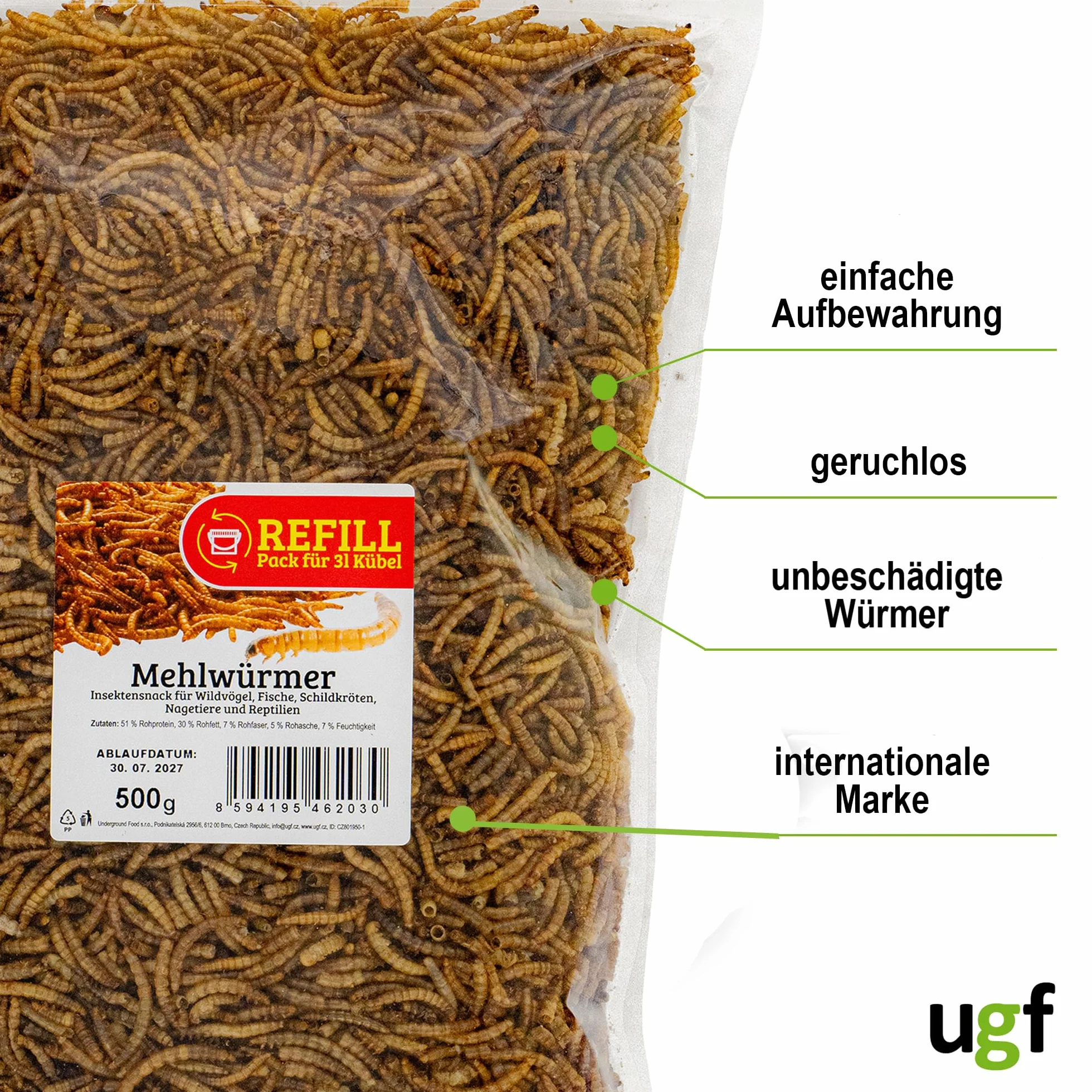 UGF Gusanos de harina Premium Secos 500 g Comida para pájaros Silvestres