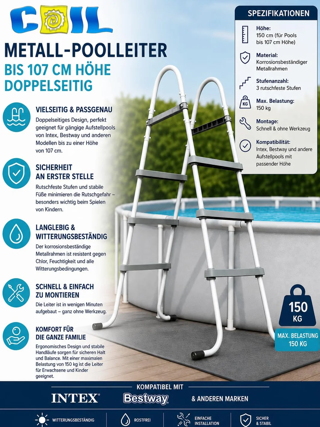 Escalera de piscina estable de metal hasta 107 cm, escalones anchos, montaje rápido