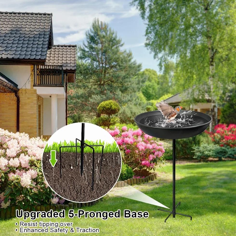 Comedero Pájaros Exterior Metal, Bebedero con Pie, Baño de Pájaros 26x64 cm, Soporte Regulable, Decoración Jardín Negro